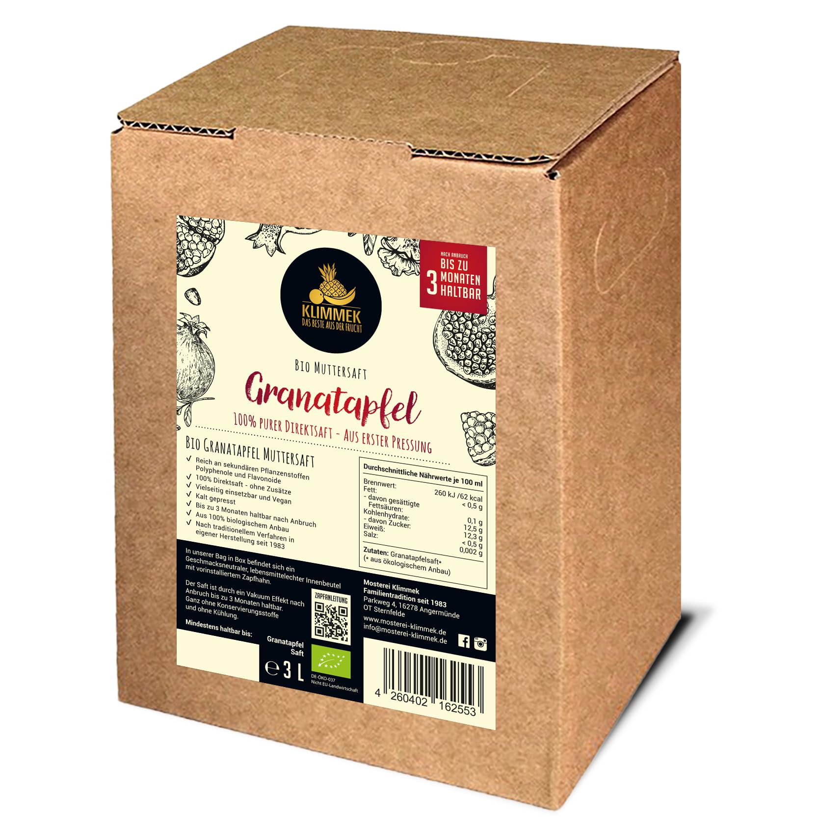 Bio Granatapfel-Muttersaft 3L – 100% Direktsaft aus Granatapfel, naturbelassen & ungesüßt – ohne Zuckerzusatz, vegan & kaltgepresst im praktischen Bag-in-Box Karton