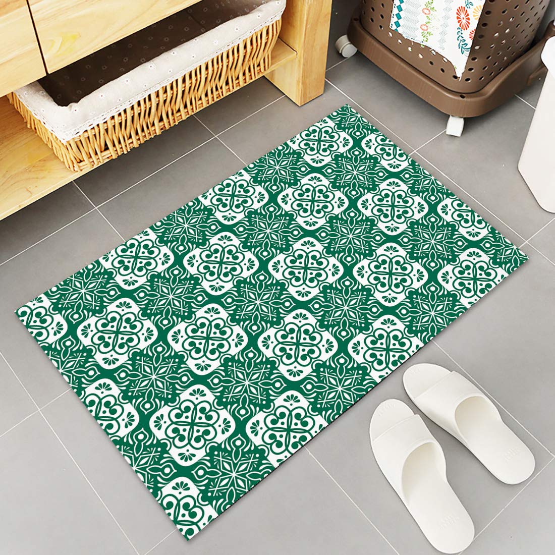 LOT BASIC Universal Abstract Door Mat 18x30inch Indoor Entrance Doormat Low Profile Doormats Welcome Mat for Front Door, Patio, Modern Geometric Ceramic Mosaic Tiles Green