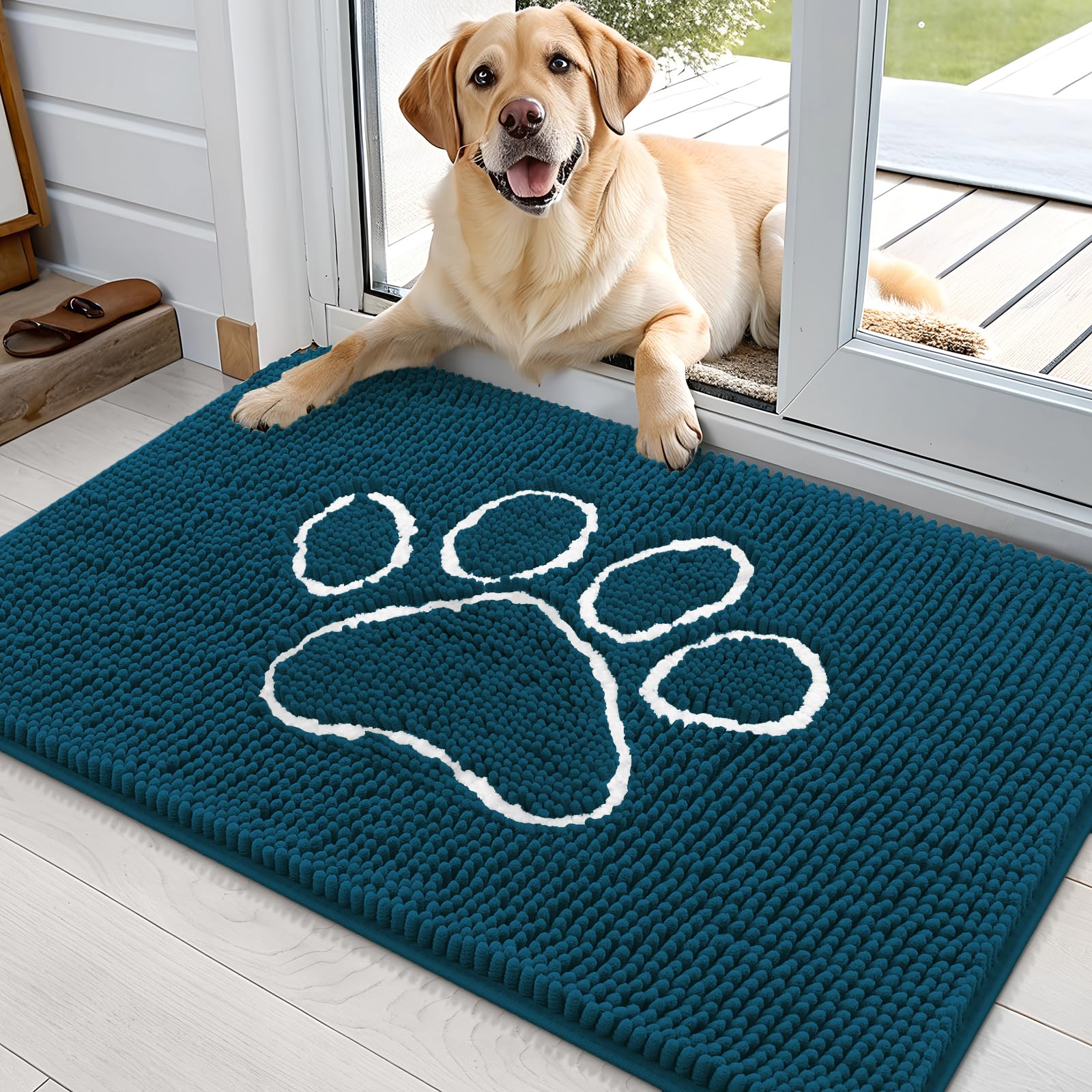 OLANLY Dog Door Mat for Muddy Paws 36x24, Paw Print Design Chenille Mud Mat
