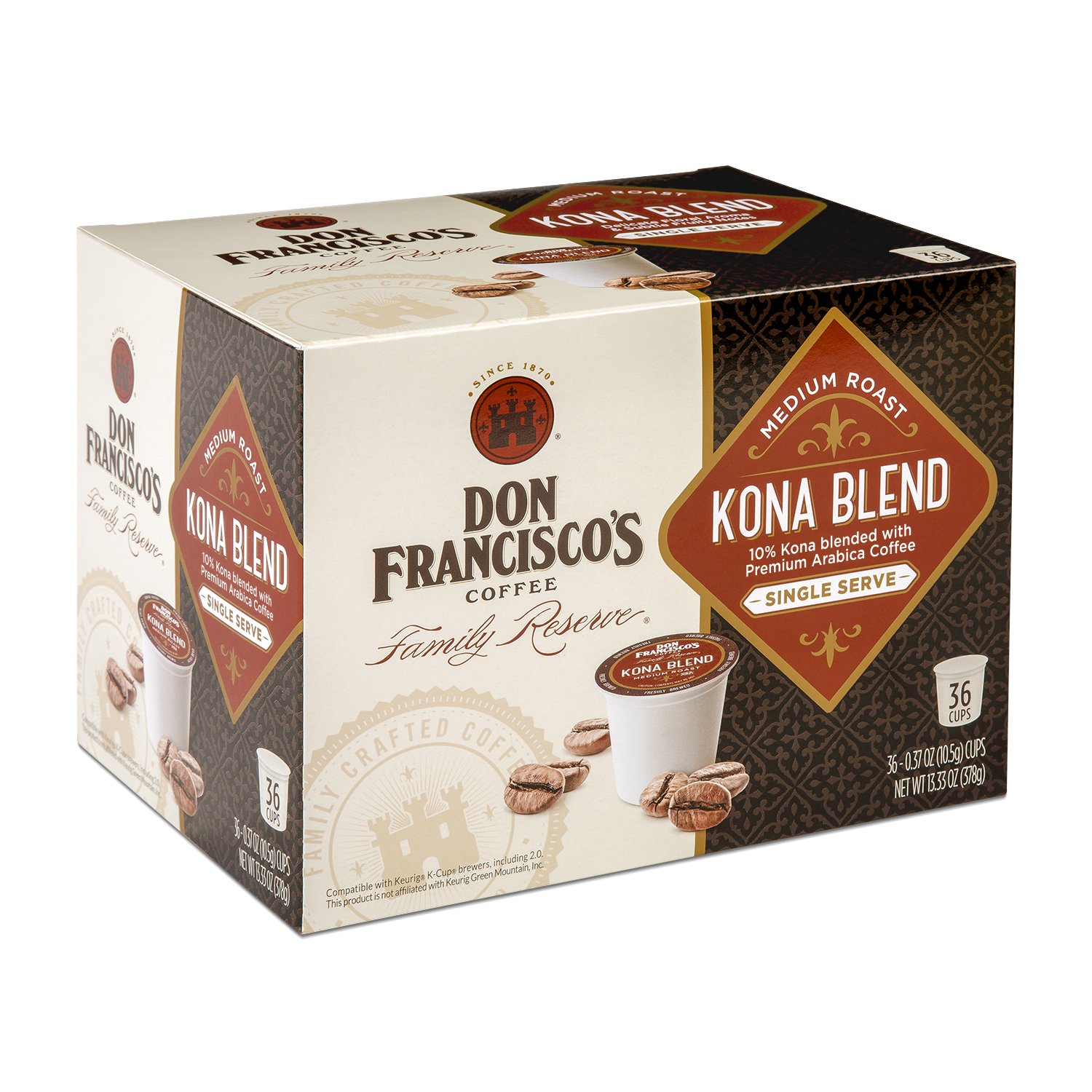 Don Francisco's Kona Blend Medium Roast Coffee Pods - 36 Count - Recyclable Single-Serve Coffee Pods, Compatible with your K-Cup Keurig Coffee Maker (Including 2.0)