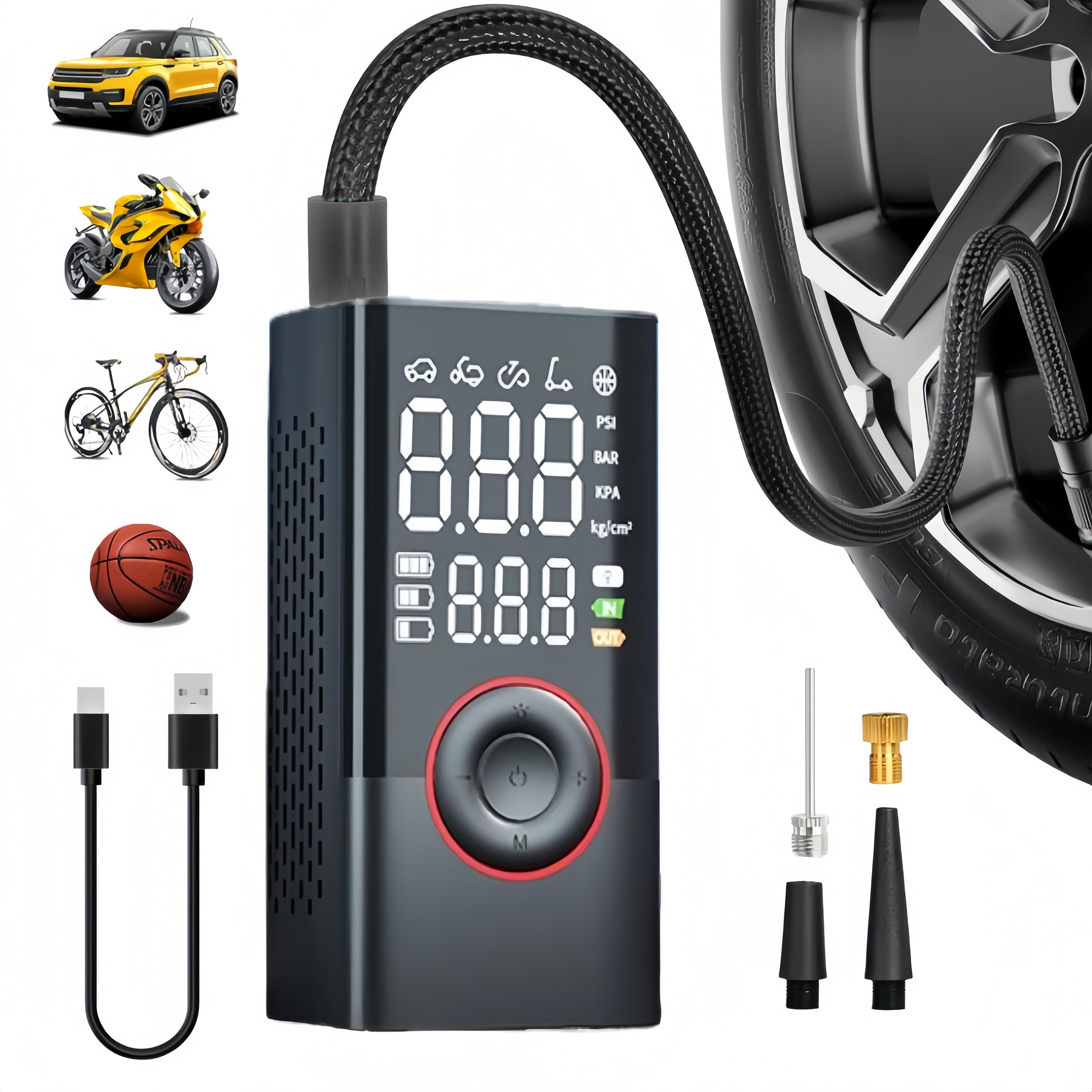 Inflador de neumáticos, compresor de aire portátil, bomba de aire eléctrica, compresor de aire portátil de 150 PSI, bomba de aire inalámbrica para neumáticos de coche, motocicletas, pelotas con luz