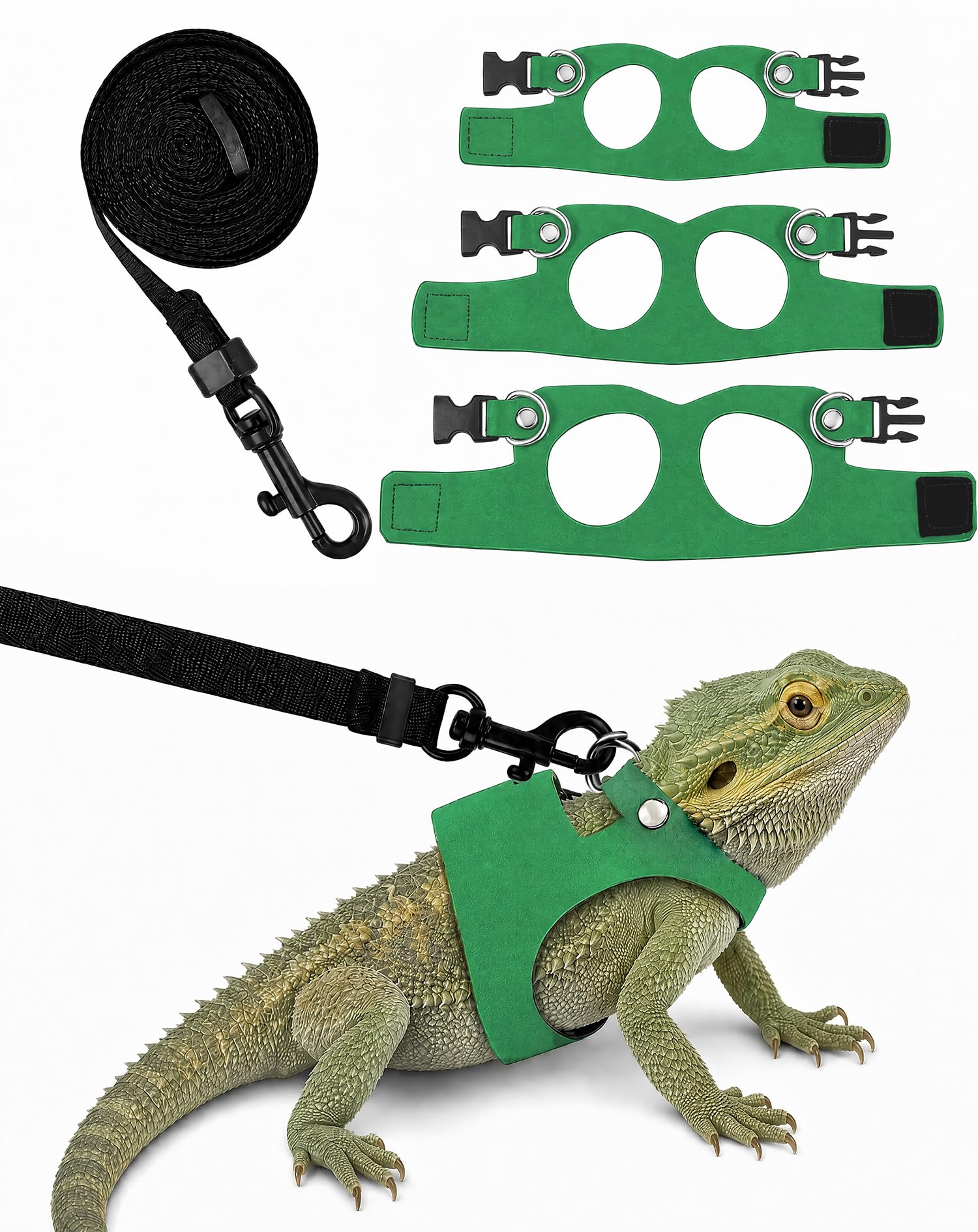 Bearded Dragon Harness Leash Set Adjustable 3Size Ferret Lizard Lead Green