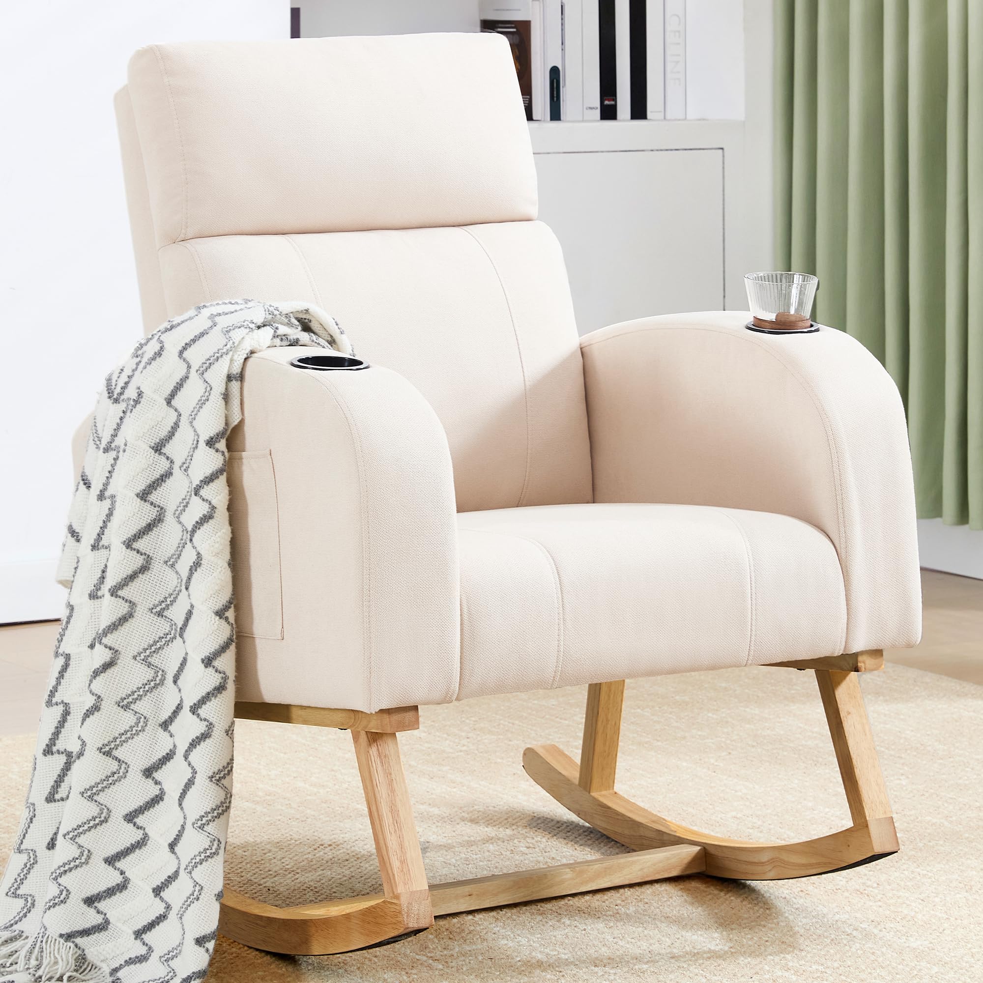 HCHAIRH Rocking Chair Nursery, Nursery Rocking Chairs with Cup Holders, Nursing Rocking Chair Glider Rocker Indoor for Nursery, Living Room, Bedroom, Beige