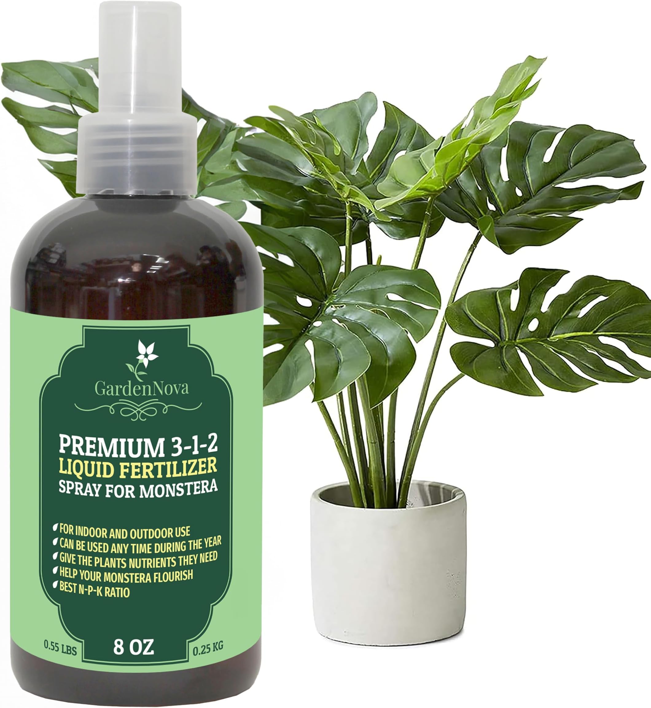 GardenNova Professional Monstera Spray Fertilizer Mist for Home Gardening | 3-1-2 Gentle Blend Mist for Healthy Leaves & Growth | Essential Nutrients for Monstera - 8oz