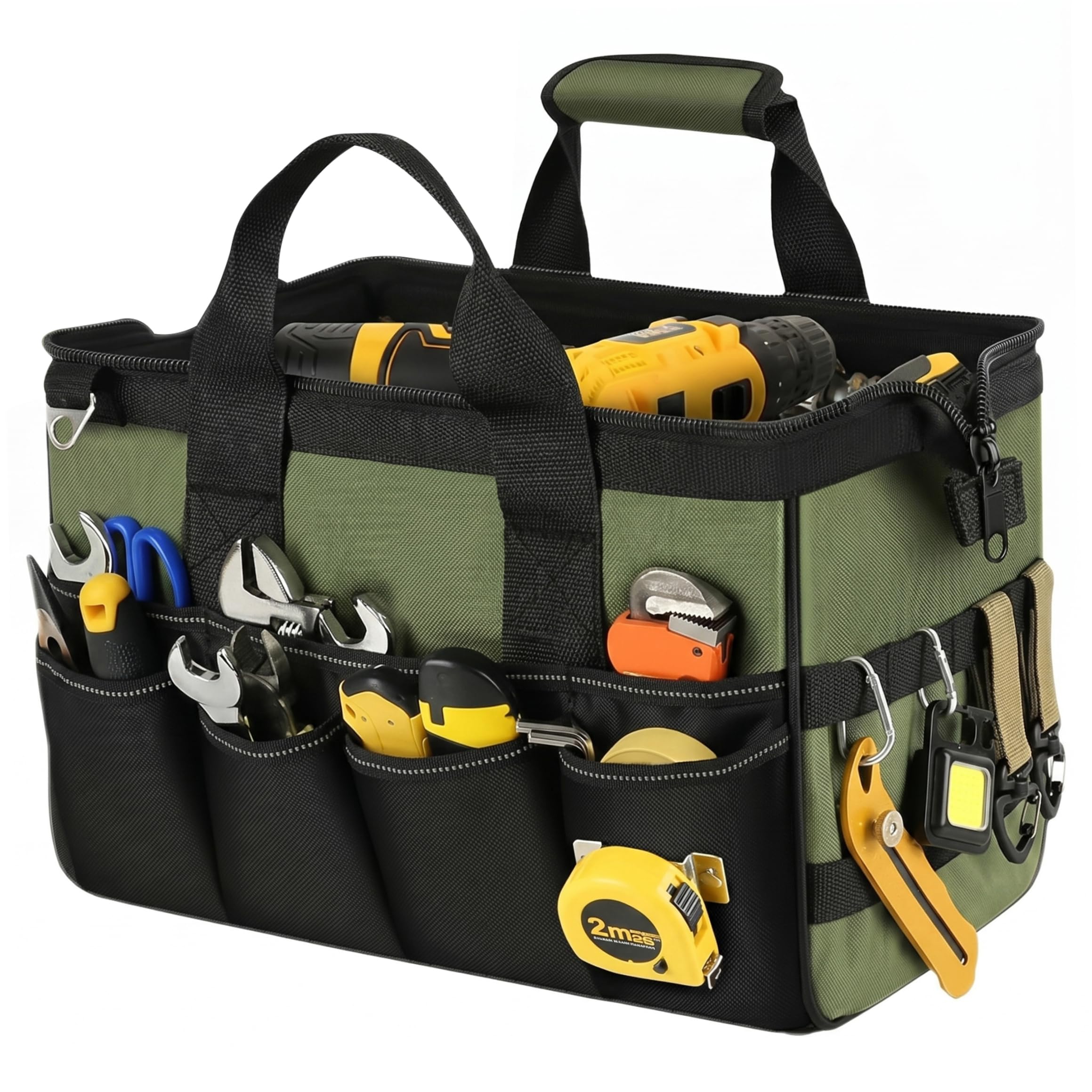 Large Tool Bag, Heavy Duty Tool Bag, Large Tote with 16 Organizer Pockets Adjustable Shoulder Strap & Handles for Woodworkers/Electricians/Professionals, 15in, Green