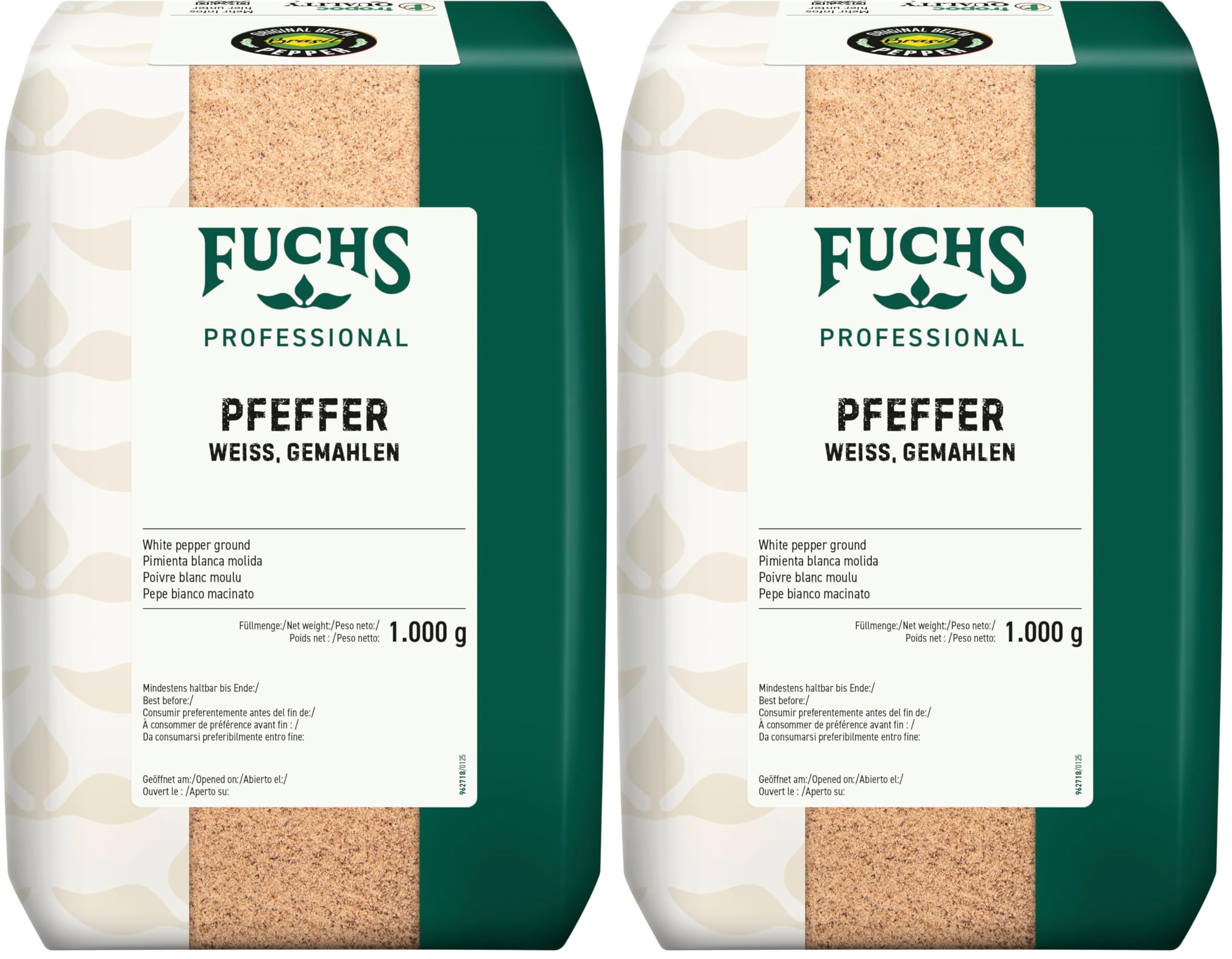 Fuchs Professional - Pfeffer weiß gemahlen | Warm-würziges Aroma zum Abschmecken von Gerichten | Profi-Qualität für Großverbraucher und Gastronomie | 1 kg im recyclebaren Beutel (Packung mit 2)