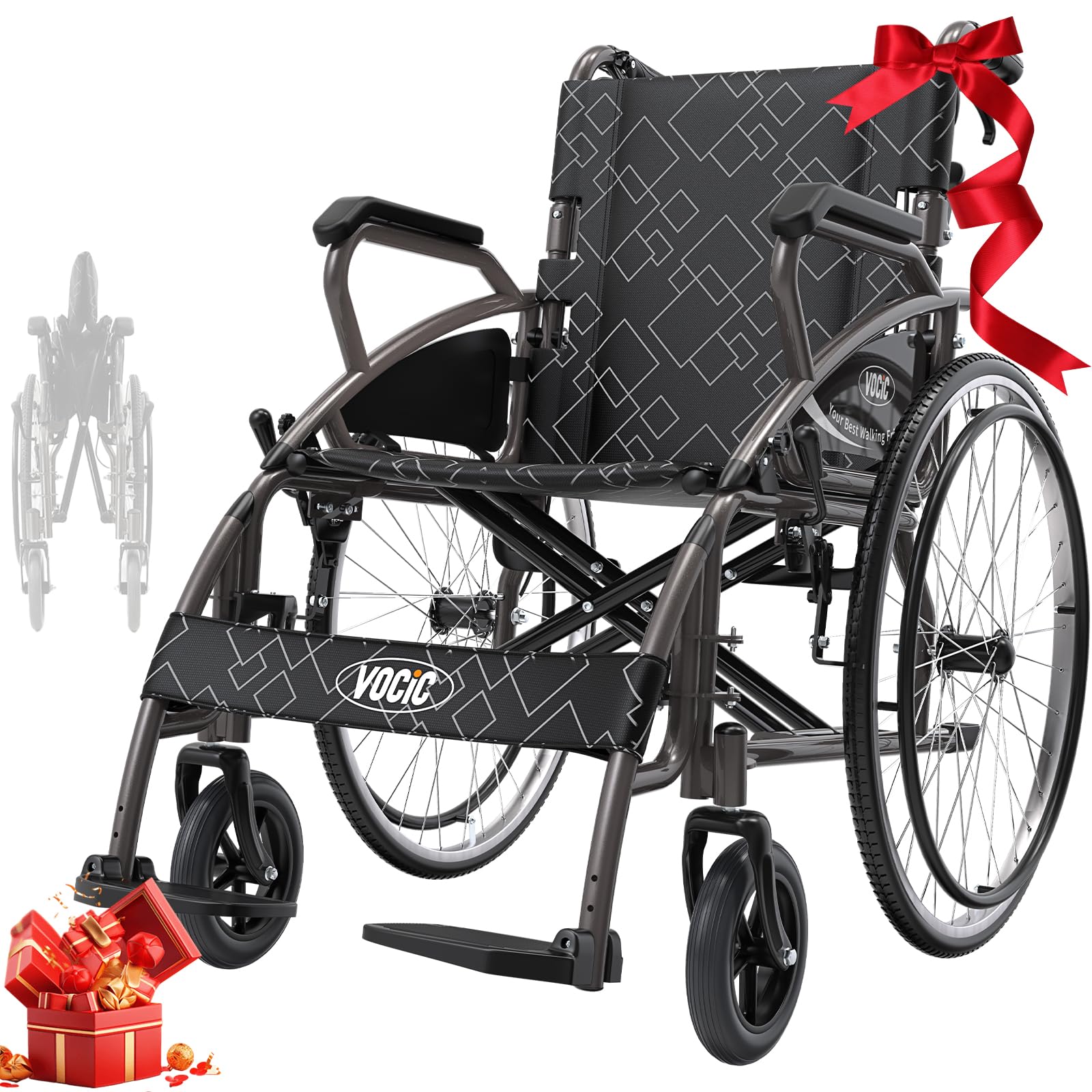 VOCIC Rollstuhl faltbar leicht bis 150KG,17KG Faltbarer Outdoor Rollstuhl,Doppelbremsen Transportrollstuhl klappbar mit Selbstantrieb für Erwachsene,Pannensicher Reifen