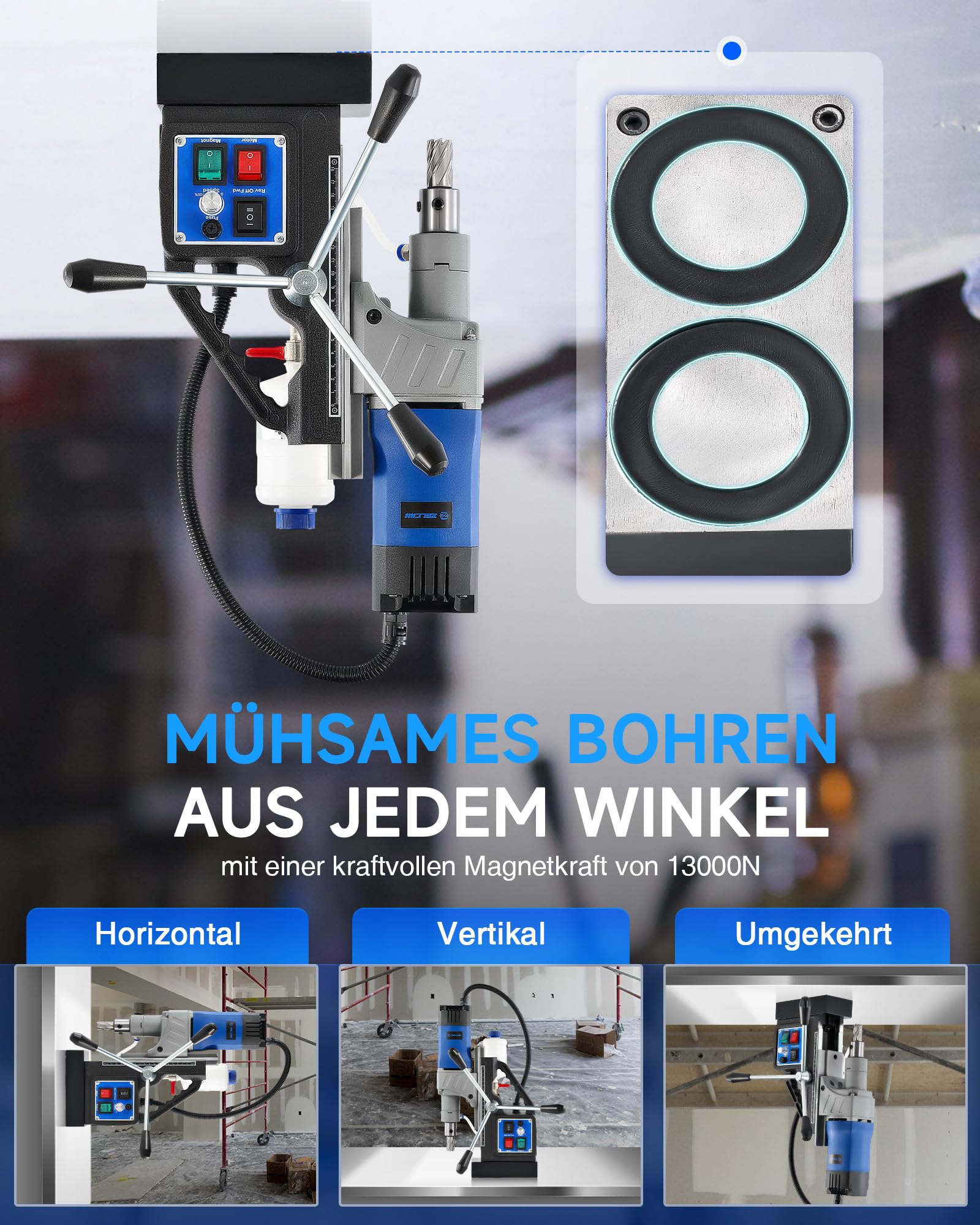 ZELCAN Magnetbohrmaschine 1550W Standbohrmaschine 11 Bohrer 13000N Tischbohrmaschine 580RPM Variable Geschwindigkeit 50mm Max. Durchmesser für Heimwerk Industrie Eisenbahn Schiffsbau, Höhenverstellbar