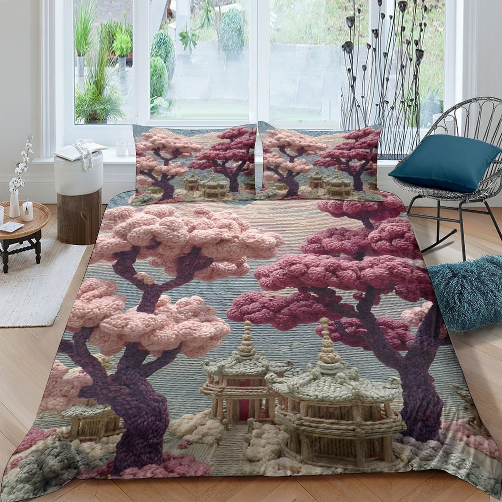 GPLZQXKJNH 3D Printed Pink Sakura Garden Duvet Cover Microfiber Soft Breathable Pagoda Bedding Set with 2 Pillowcases for Bedroom Decor Single（135x200cm）