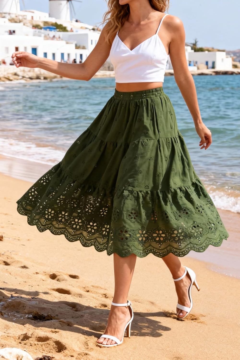 Women's Summer Elastic High Waist A-Line Vintage Embroidery Lace Tiered 2026 Casual Vacation Boho Midi Skirts - Image 5