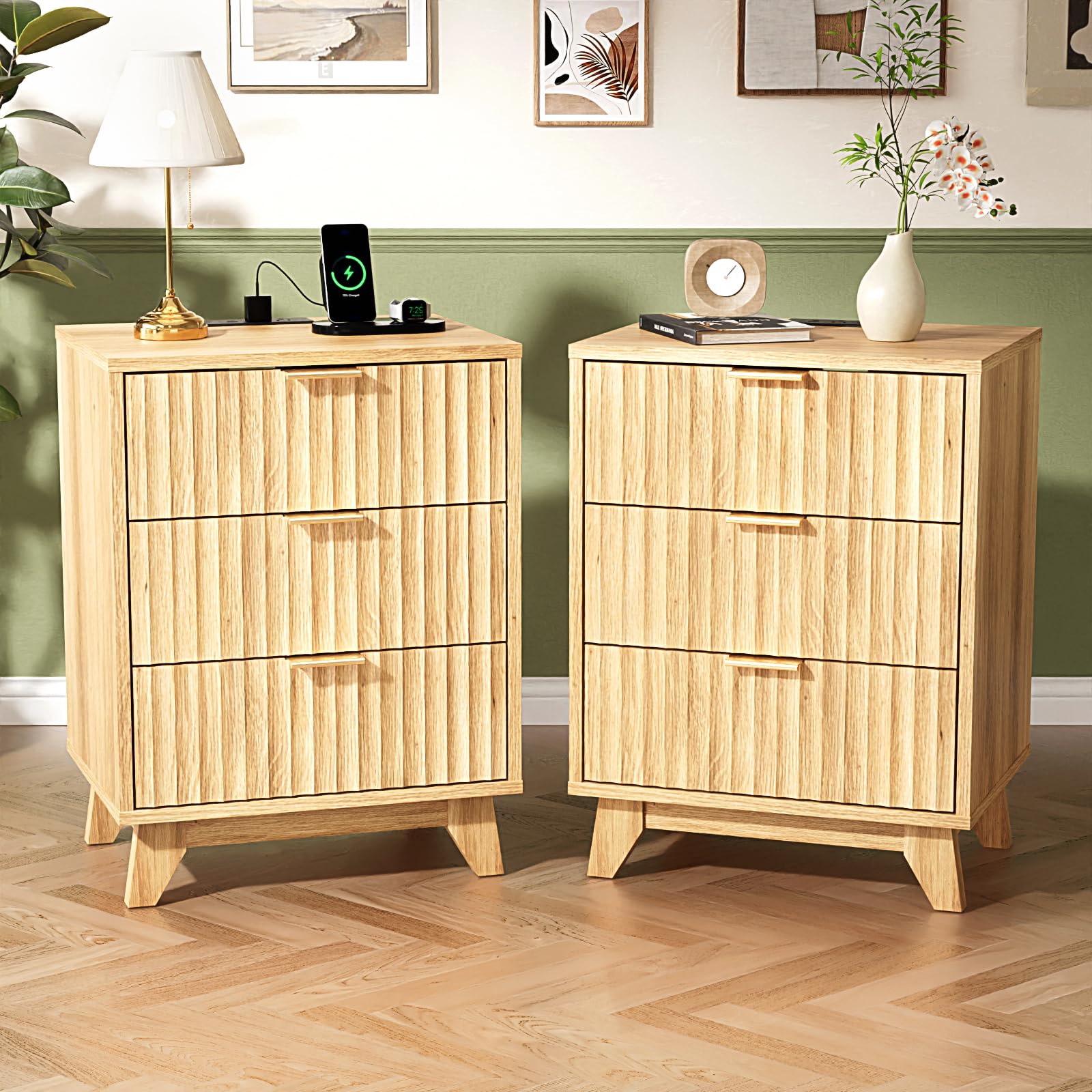 Bonnlo Smart Bedside Table Set of 2,Fluted Nightstand with Charging Station