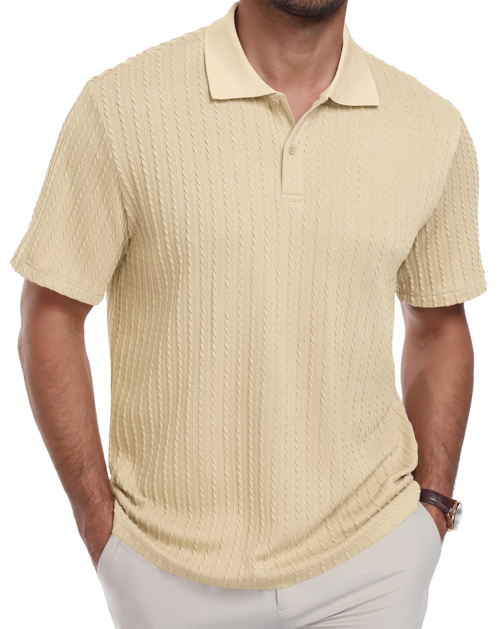 Polo Shirts for Men Textured Knit Long Sleeve Casual Button Down Tee