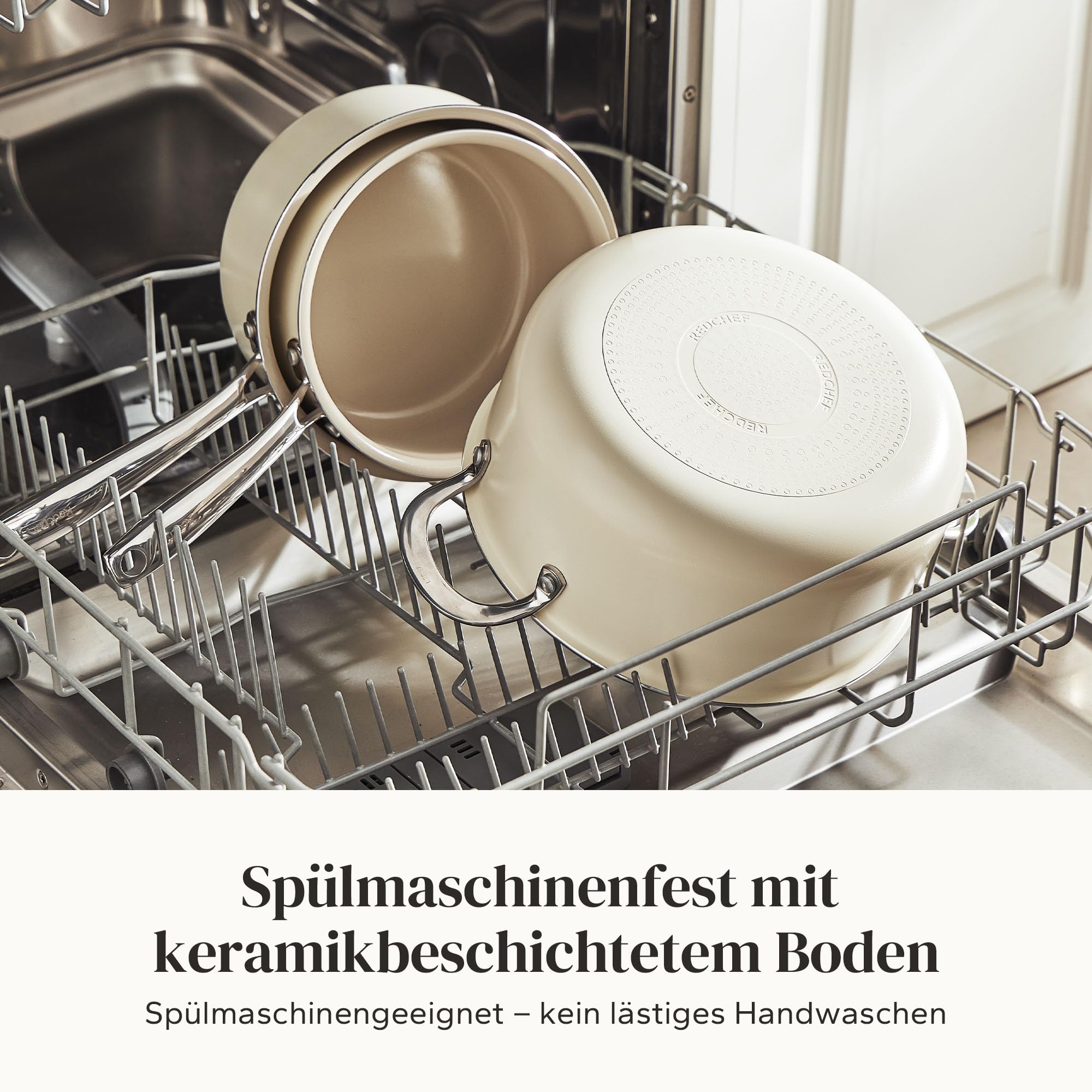 Redchef Keramik Kochtopfset, Topfset Induktion 6-teilig mit Glasdeckel, Kochtöpfen 24 cm, Kasserolle 18 cm, 20 cm für alle Herdarten & Backofenfest, Induktionsgeeignet (Beige)