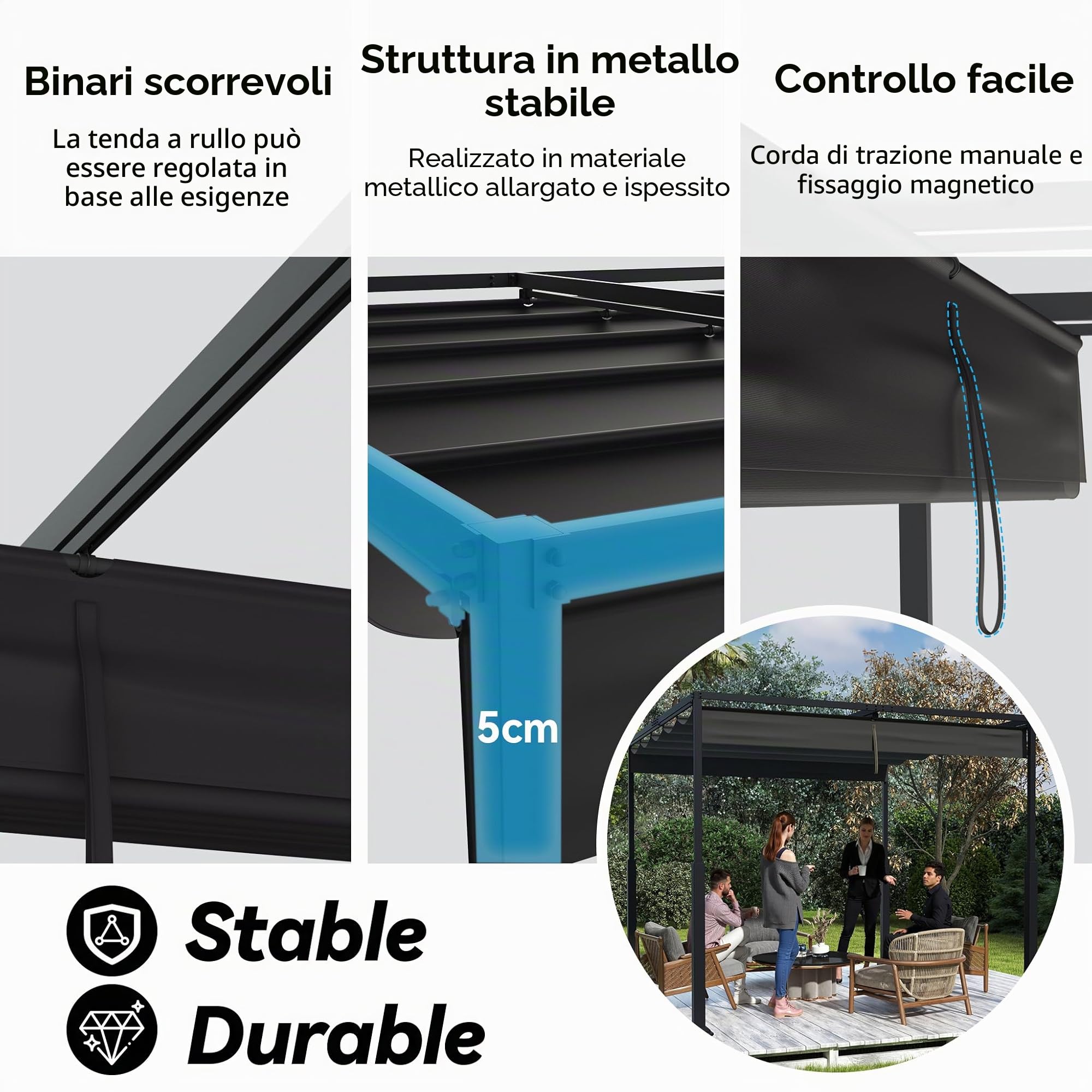 LZQ Pergola Gazebo 3x3 m con telaio acciaio robusto e tetto poliestere rivestito PA regolabile, protezione solare anti-intemperie per giardino e terrazza (nero)