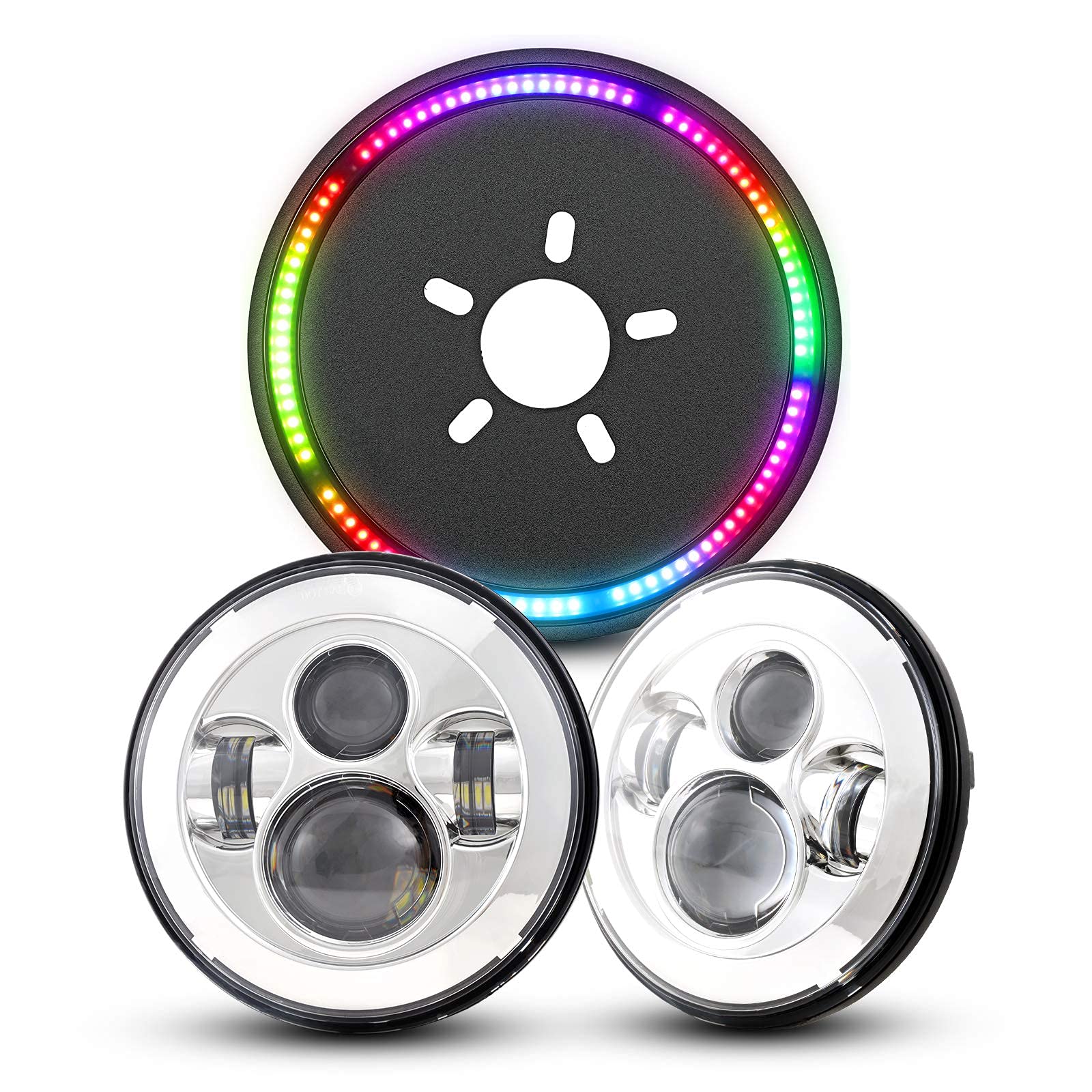 COWONE7 inch Round LED Headlights + RGB Spare Tire Brake Light Wheel Light Compatible with Jeep Wrangler