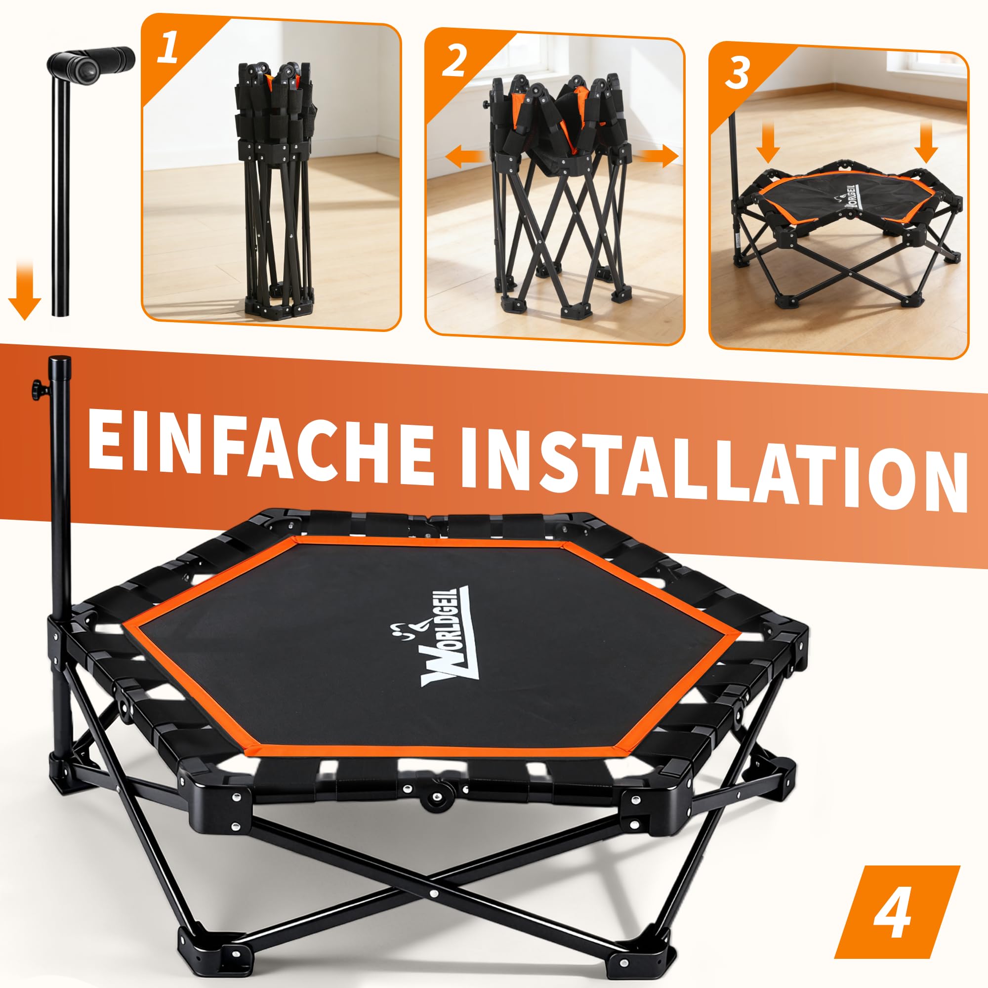 Trampolin Indoor Klappbar - Mini Trampolin mit Höhenverstellbarer Handgriff - Tragkraft 150 kg - Ø 86.5 cm - Jumping Trampolin Fitness für Erwachsene & Kinder - Sport Geräte für Zuhause