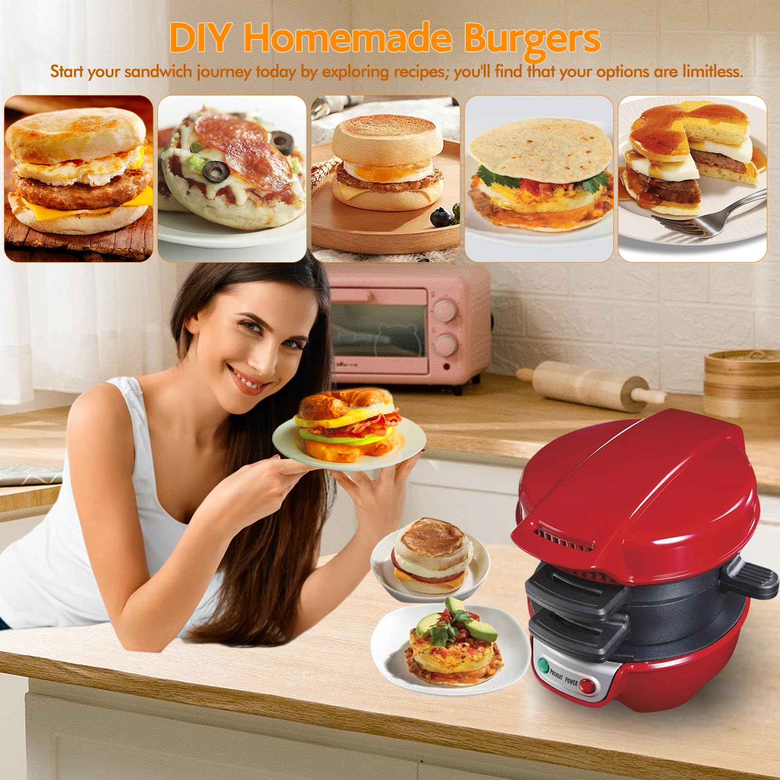 Elektrischer Sandwichtoaster Burger Maker, Muffin Maker & Gegrillter Sandwichmaker, Mit OmelettRing, Kochplatten Mit Nicht-Stick, Perfekt Für Hamburger, Snacks, Schnelles Frühstück (Rot)