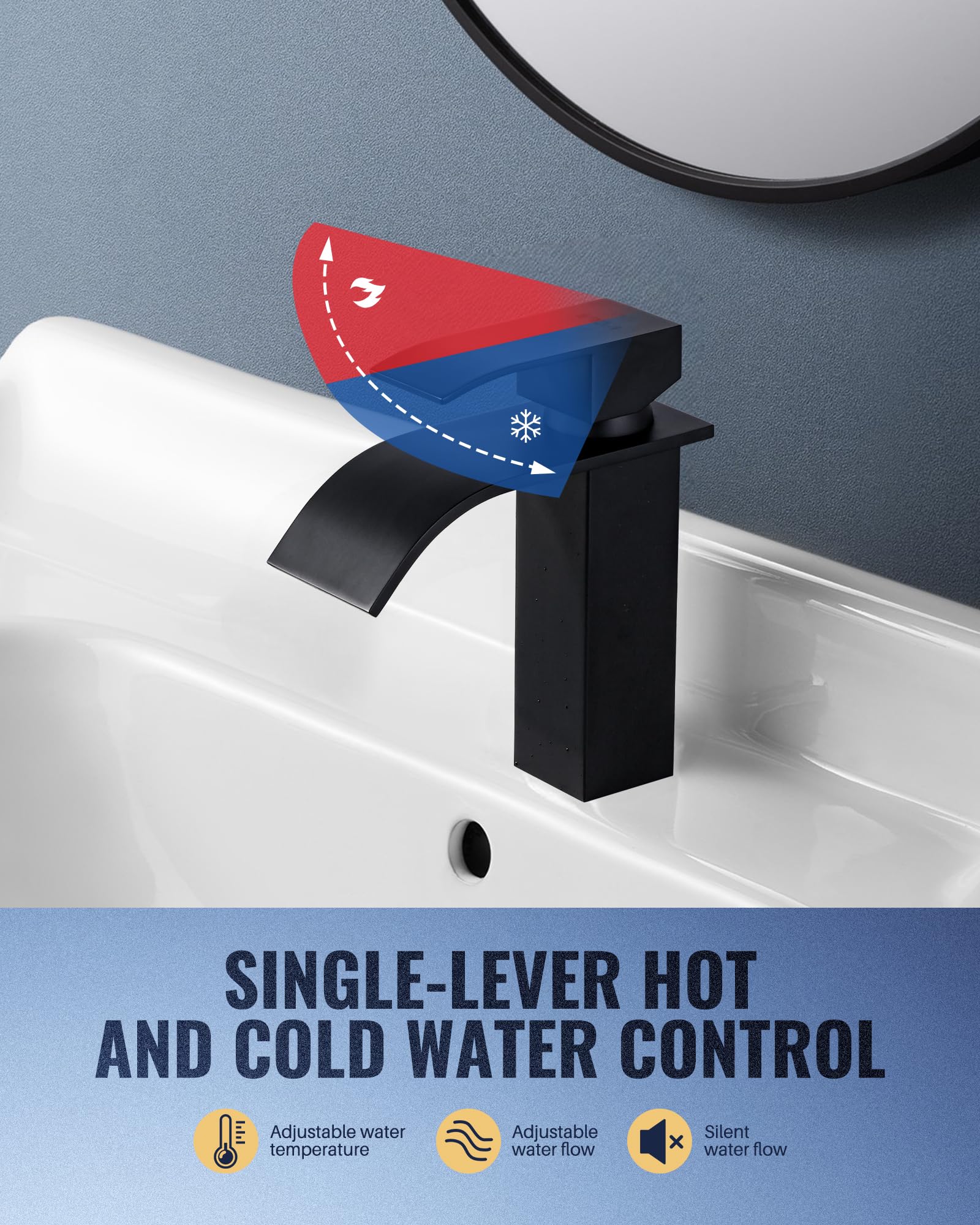 Robinet Lavabo Cascade,Robinet Lavabo Salle de Bain,Mitigeur Lavabo Salle de Bain en Laiton,Monocommande en acier inoxydable Hauteur 98mm, Lavabo Robinetterie Moderne Noir