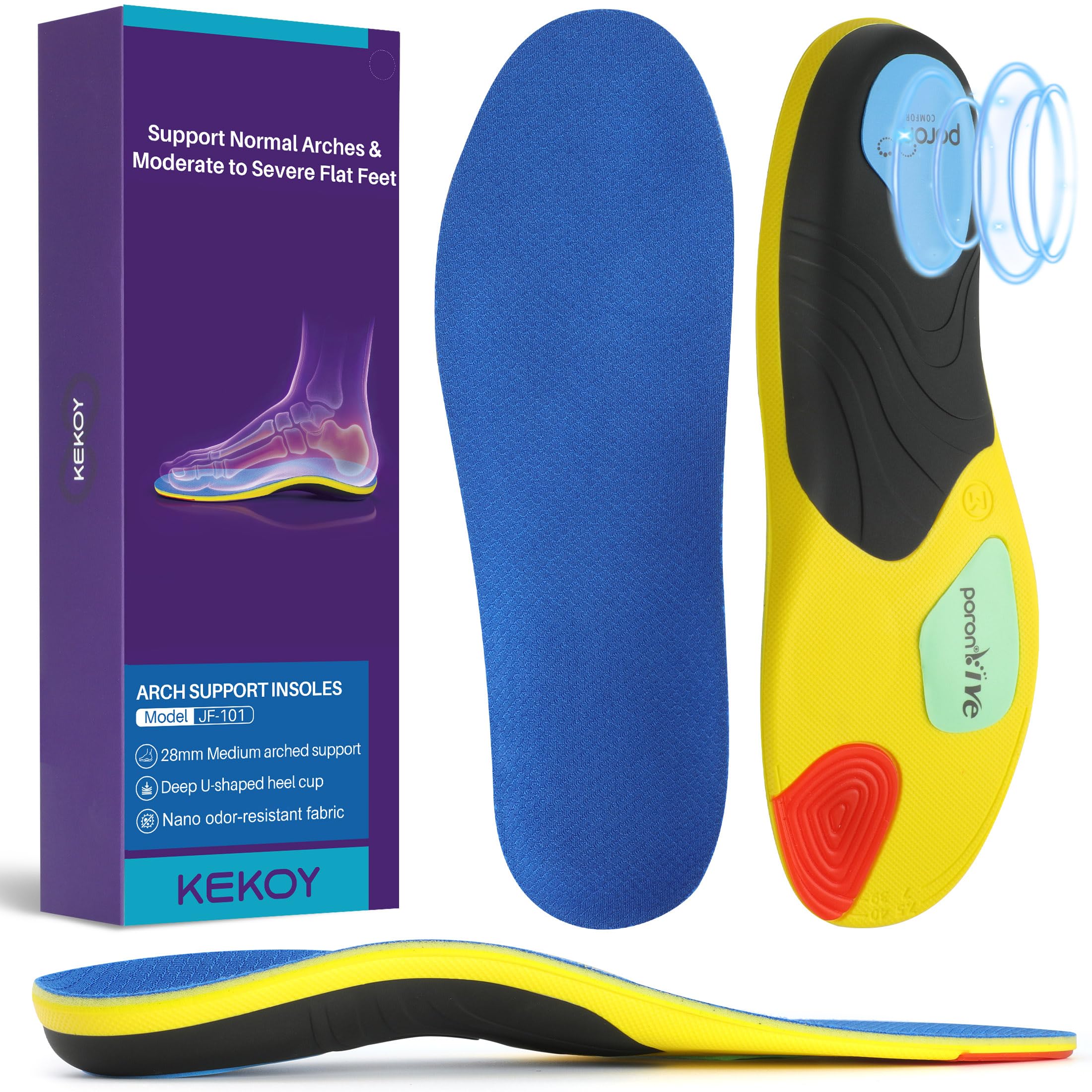 Kekoy Semelles orthopédiques, soutien de la voûte plantaire pour homme et femme, aide à soulager l'inconfort des pieds plats et de la fasciite plantaire, confortable, absorption des chocs, taille M