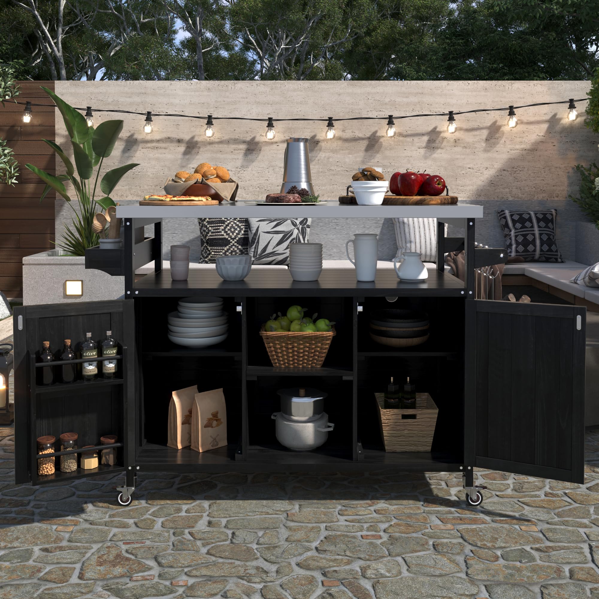 66.5" Outdoor Kitchen Island Grill Cart for Large Big Green Egg & Kamado Joe,Rolling Grill cart with Storage,Stainless Steel Top,Compatible with 21-22 inch Tabletop Grills (Black, 66.5 inch) — view 3