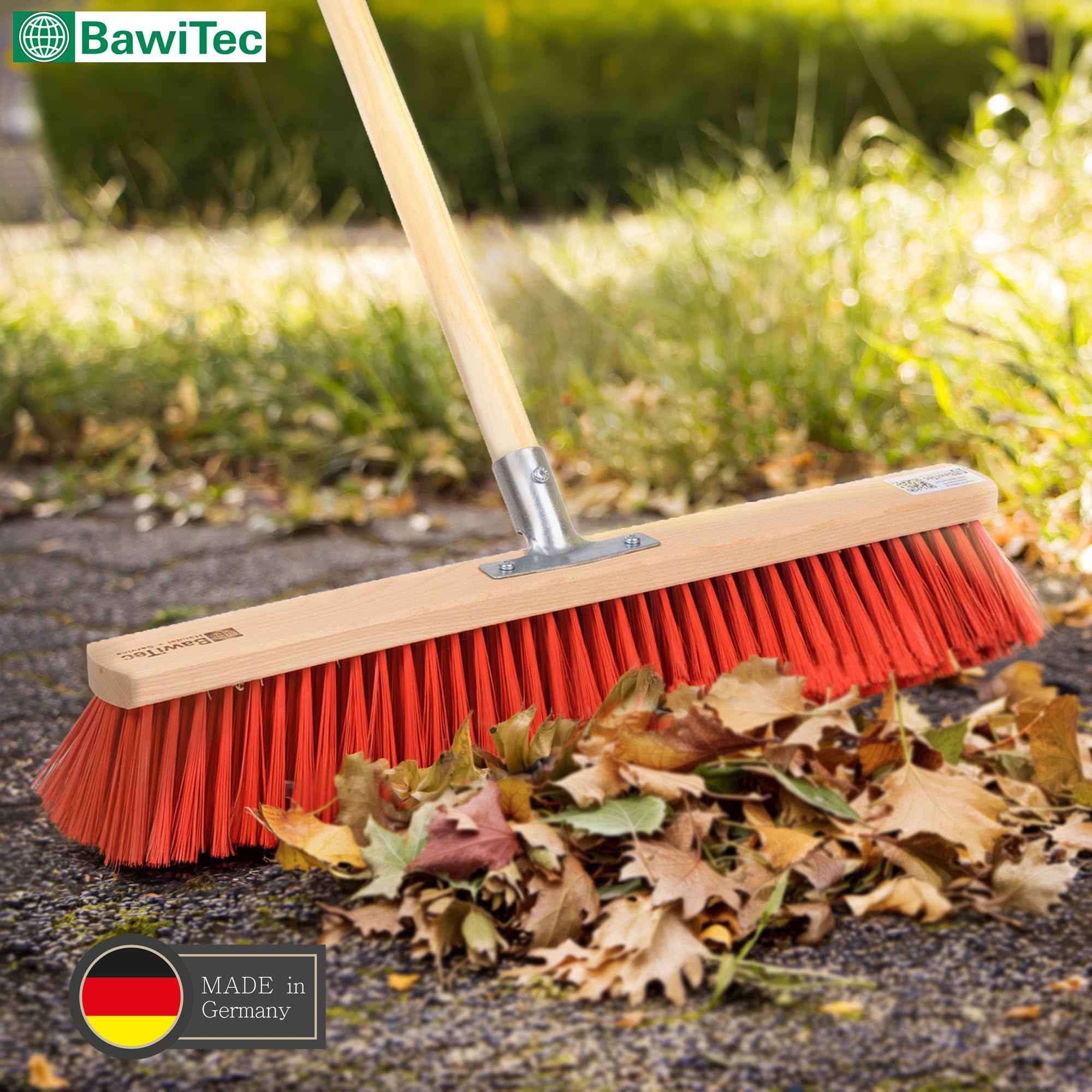 Profi Straßenbesen 60cm Breit mit Stiel 160cm rote Borsten Besen Holzstiel | Metall-Stielhalter Verschraubt, Elaston-Kunststoffborsten, Rot, Kehrbesen für Draußen