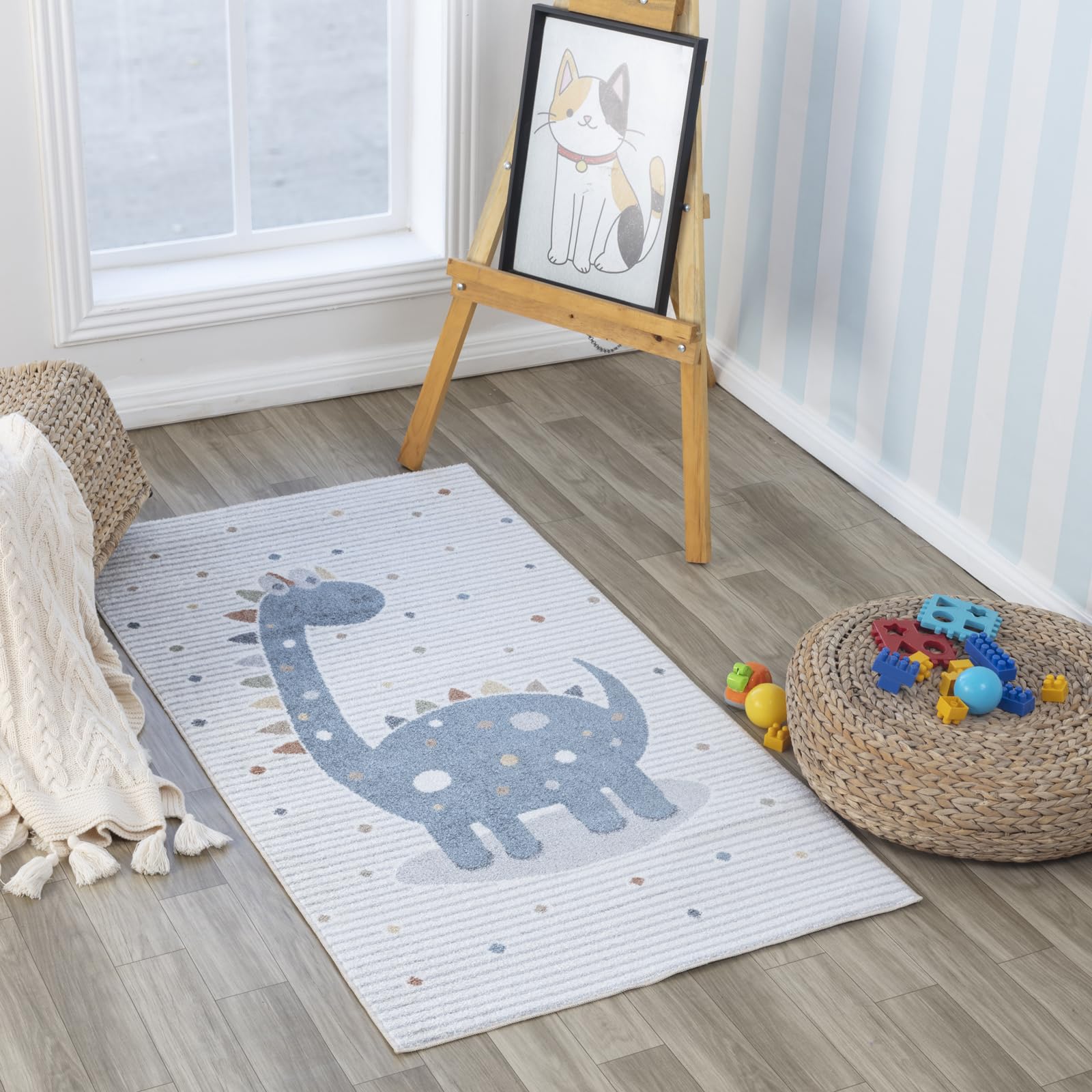 Livabliss Dino Washable Pattern- Childrens Rugs for Bedroom 80x150 cm, Machine Washable Animal Rug for Girls and Boys Bedroom, Playroom and Nursery Rugs - Girl, Boy, Baby, Kids Carpet, Cream