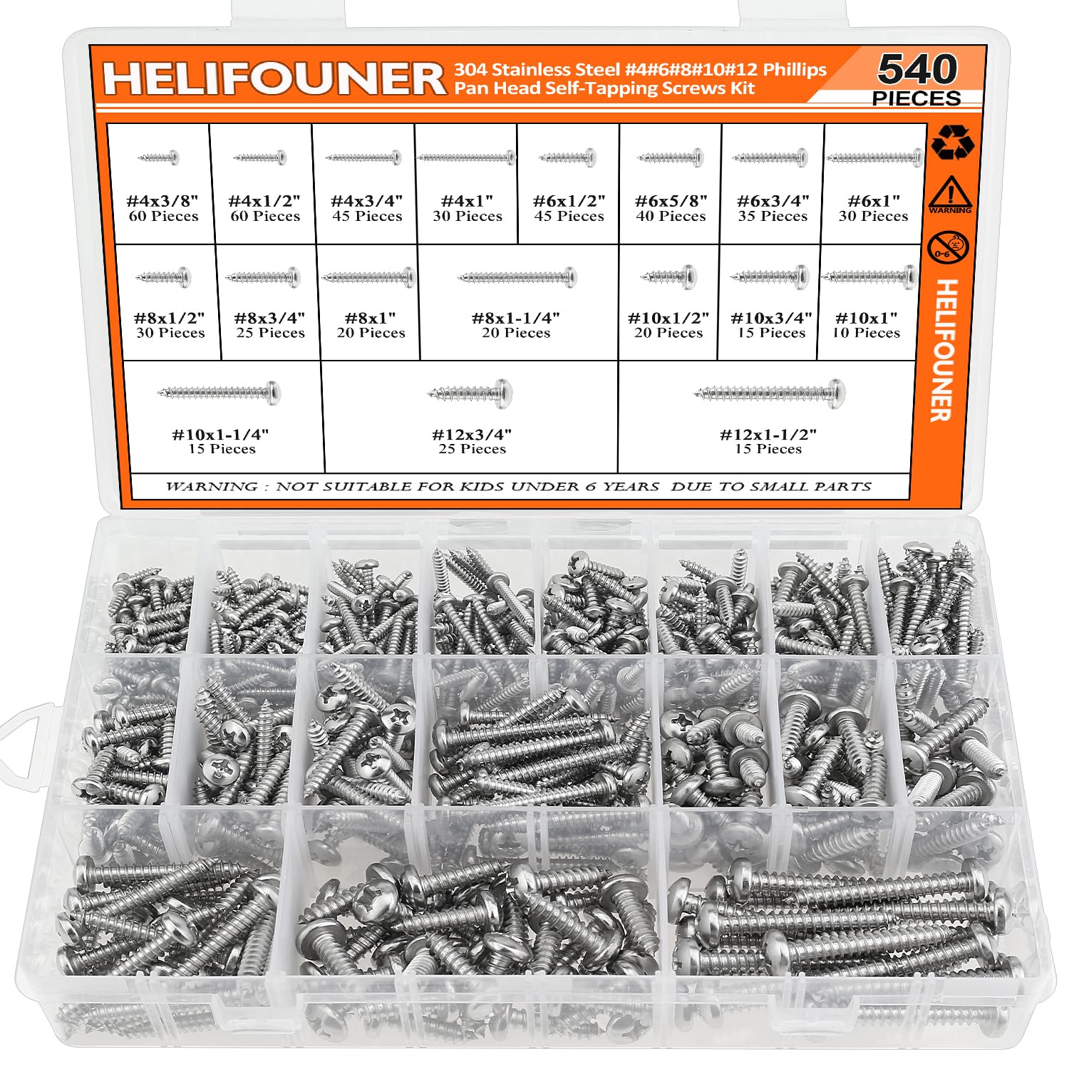 540 Pieces #4#6#8#10#12 Wood Screws Set, HELIFOUNER 18 Sizes Phillips Pan Head Self-Tapping Screws Assortment Kit, Phillips Pan Head Wood Screws, 304 Stainless Steel