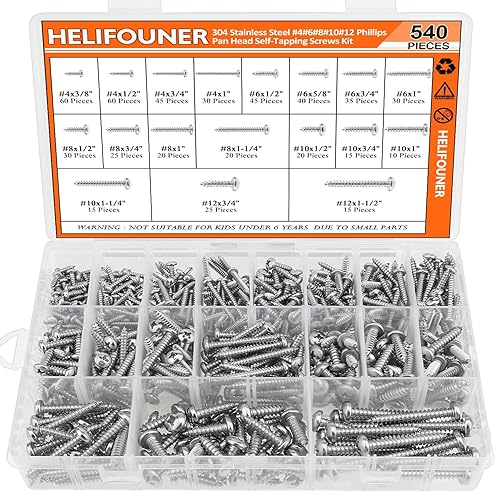 Miniatura 2 de HELIFOUNER - Juego de 540 tornillos para madera #4#6#8#10#12, kit surtido de tornillos autorroscantes Phillips de 18 tamaños, tornillos