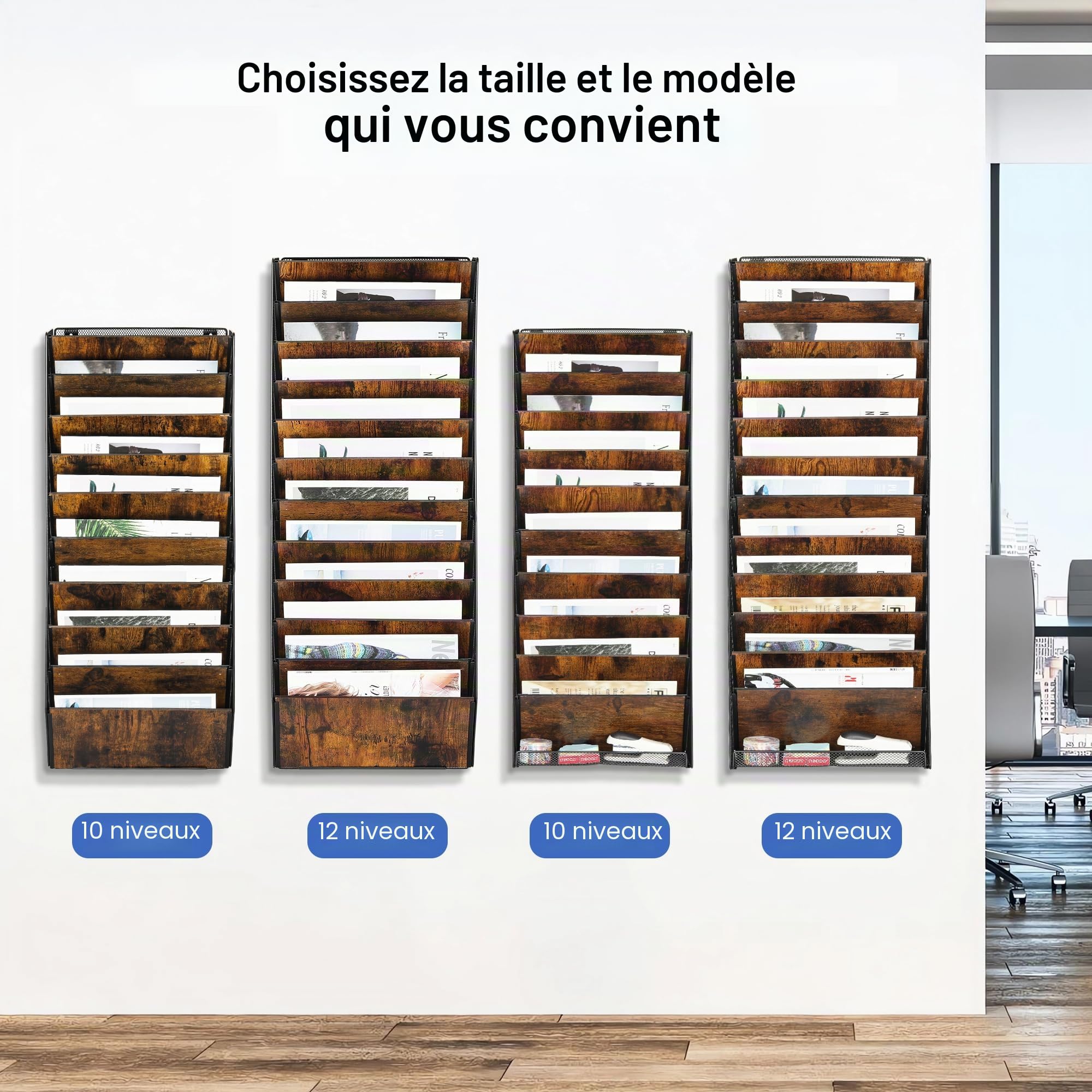 Porte Document Mural 10 Étages en Bois - Organisateur Bureau A4 pour Papiers, Revues, Fichiers avec Rangement Intégré, Noir/Antique (Maison, École, Bureau)