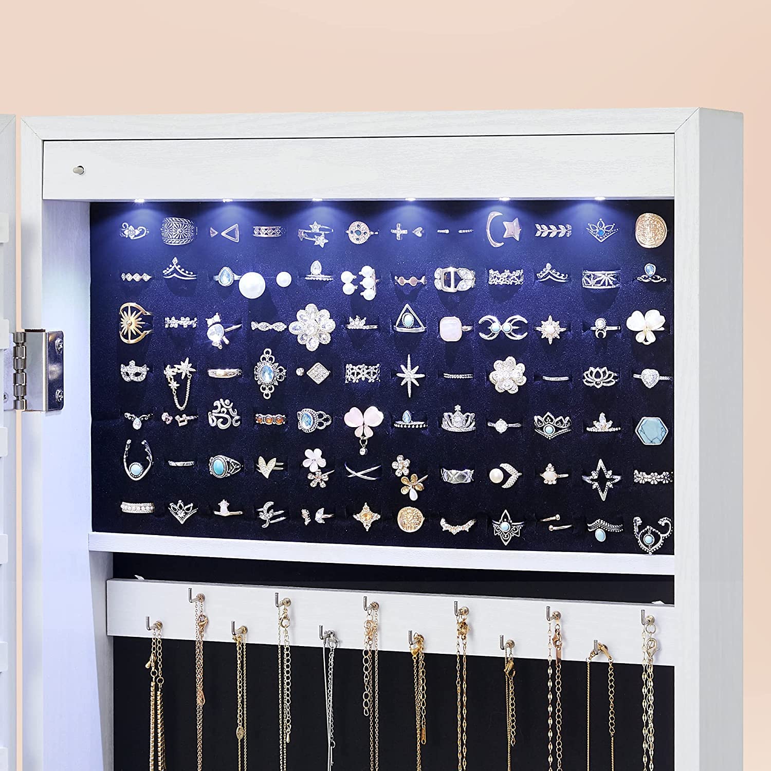 SONGMICS Armario para Joyas, Espejo Joyero de Pared, con Luces LED y Cierre, Organizador de para Pendiente, Collar, Espejo y Varios Compartimentos, Blanco con Vetas de Madera JBC93W