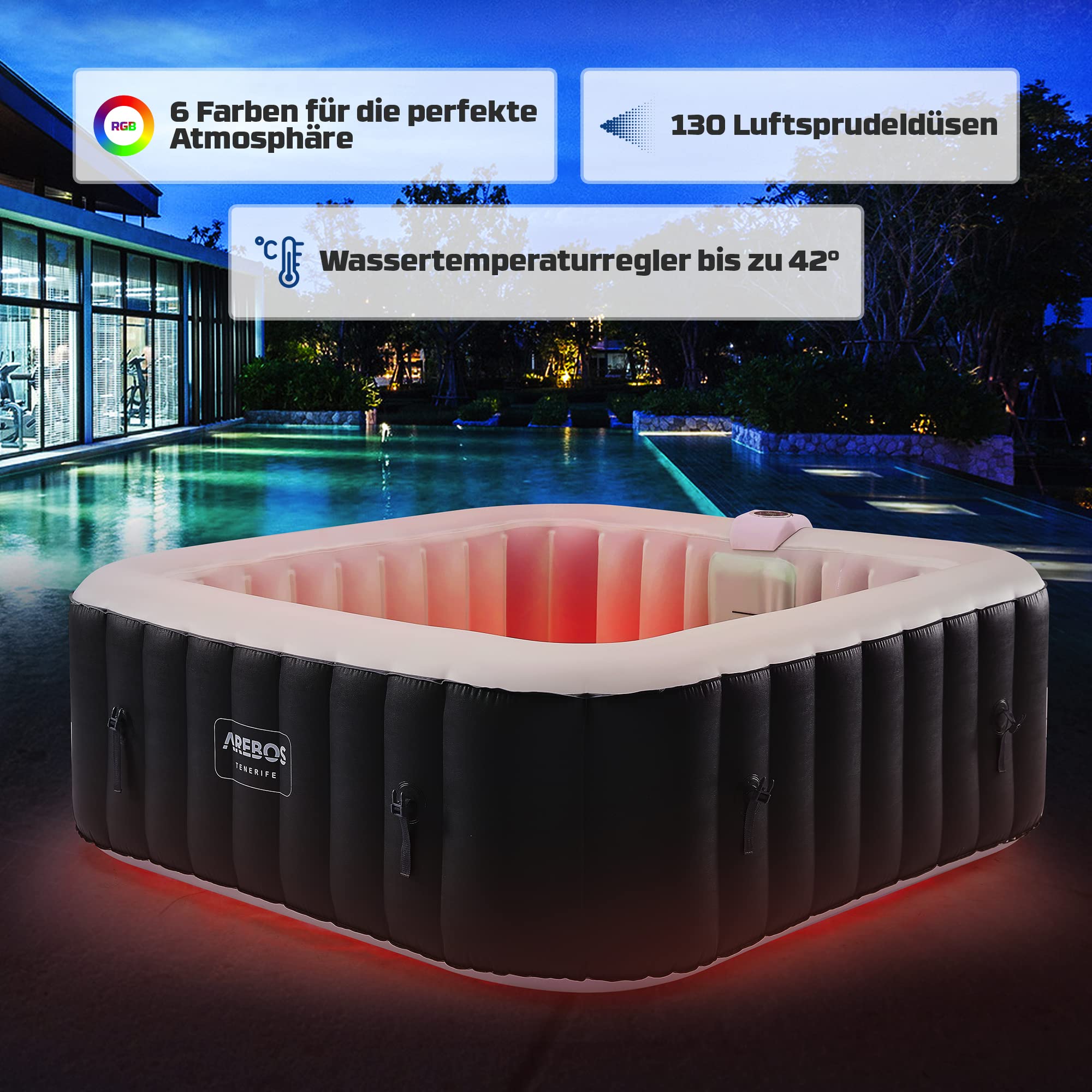 Arebos Spa Whirlpool 2400 W | automatisch aufblasbar | In- & Outdoor Spa Pool | 6 Personen | 185x185 cm | LED-Beleuchtung | 130 Massagedüsen | 910 L | Inkl. Abdeckung | Bubble Spa & Wellness Massage