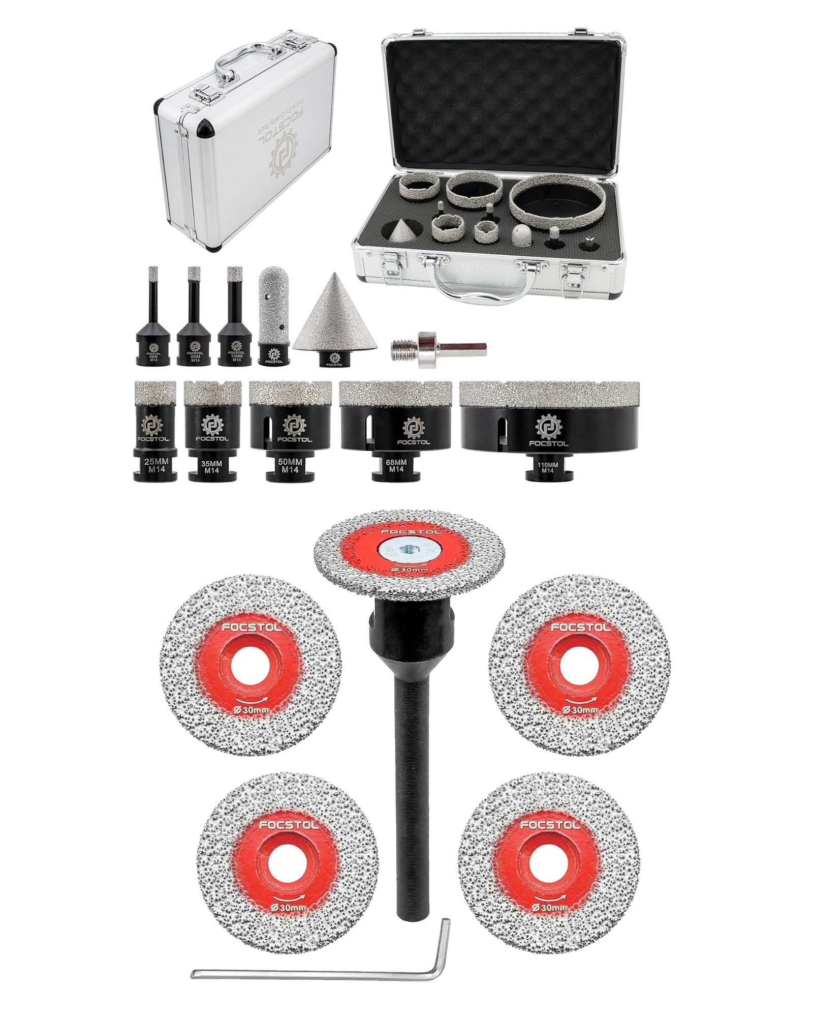 FOCSTOL Disco Diamante Corte 5 piezas 30mm Disco Cortar Azulejos y 1 pieza 6mm Mango Redondo y Juego Brocas Diamante 11 piezas