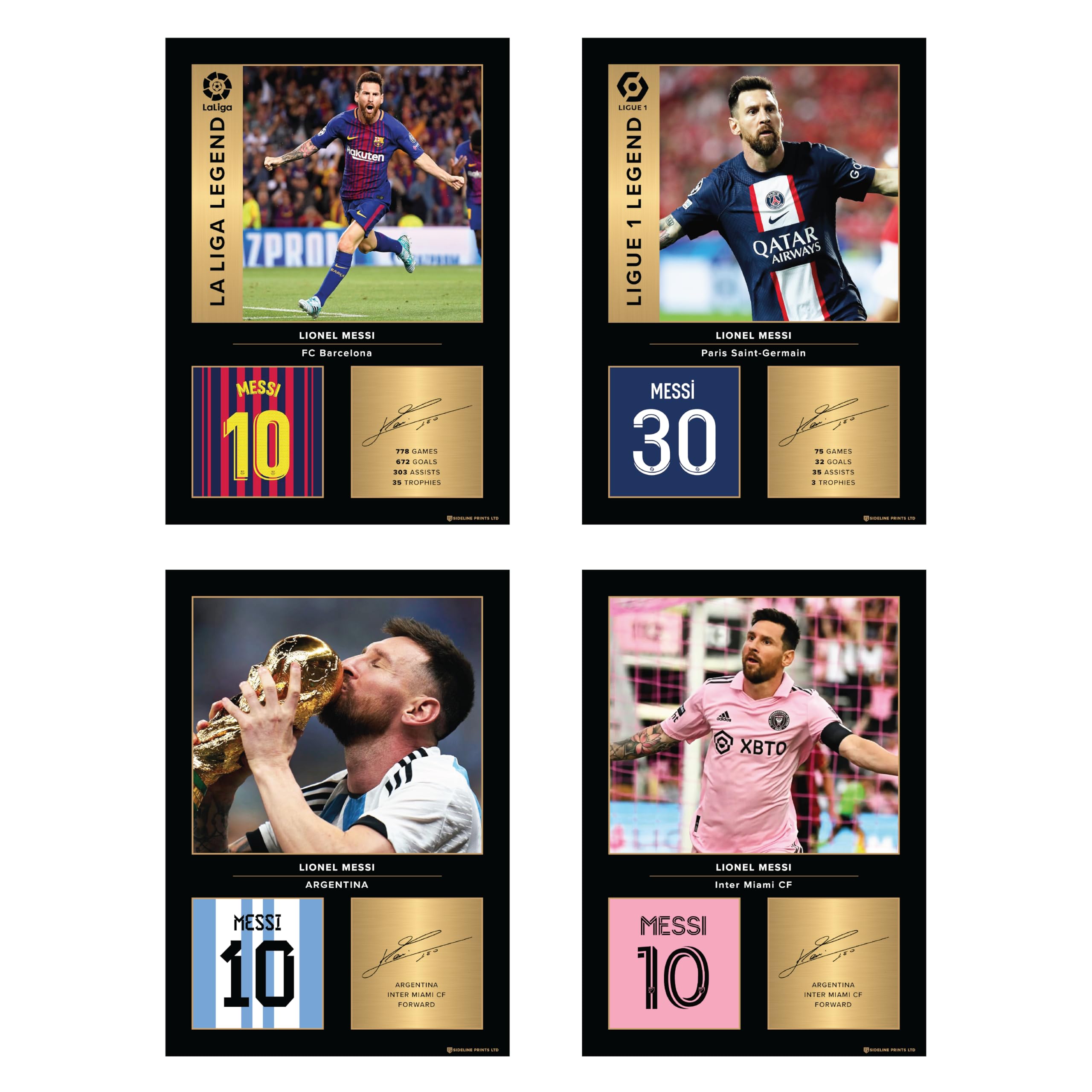 Lionel Messi Set of 4 A4 Prints Bundle – Argentina, Barcelona, PSG & Miami Signed Style Photo Picture Display Gifts | Unframed Messi Wall Art Gift for Football Fans Digitally Reproduced Signature