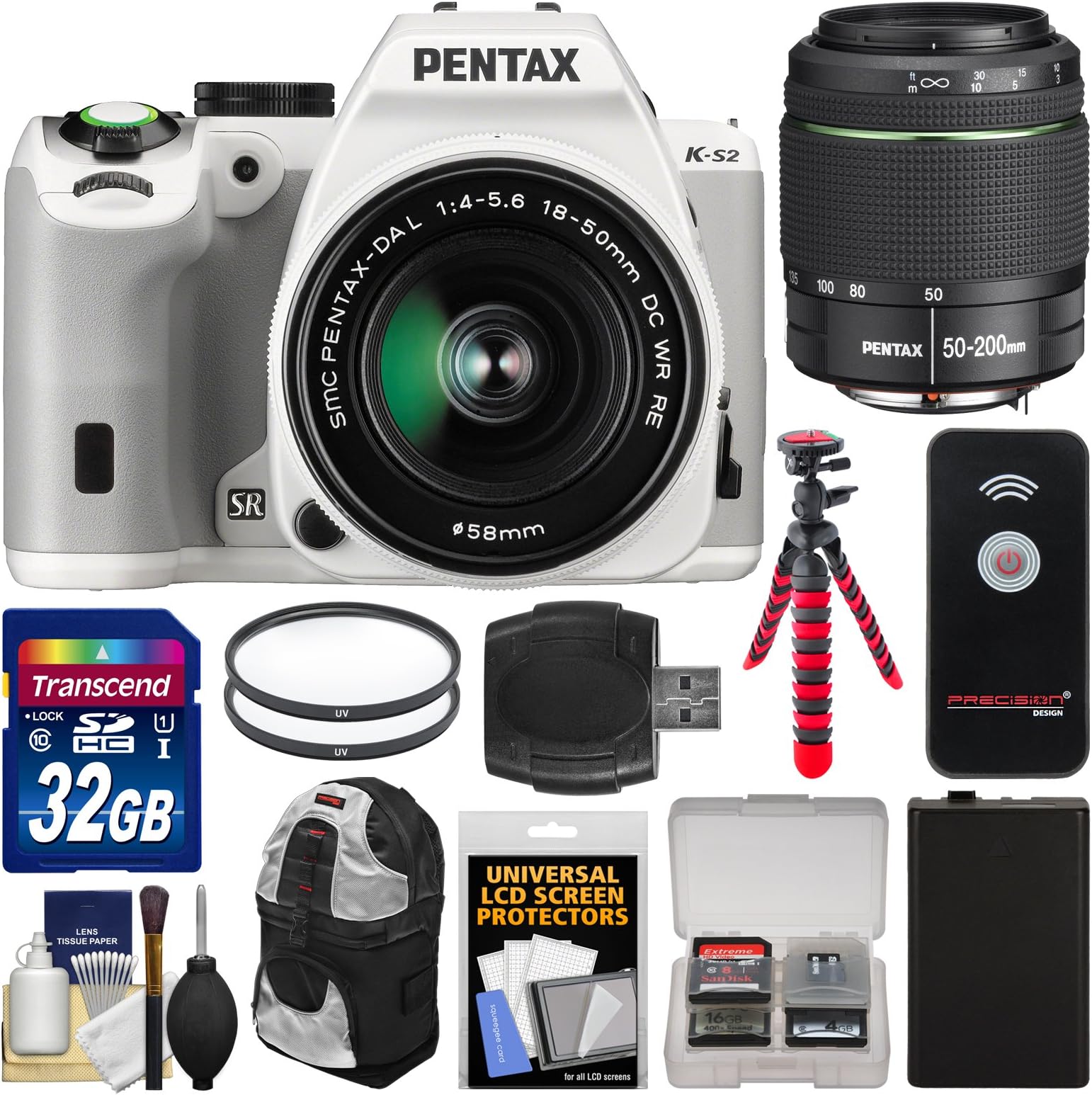 Pentax K-S2 Digital SLR Camera with 18-50mm & 50-200mm WR Lenses (White) with 32GB Card + Backpack + Battery + Flex Tripod + Filters + Remote + Kit