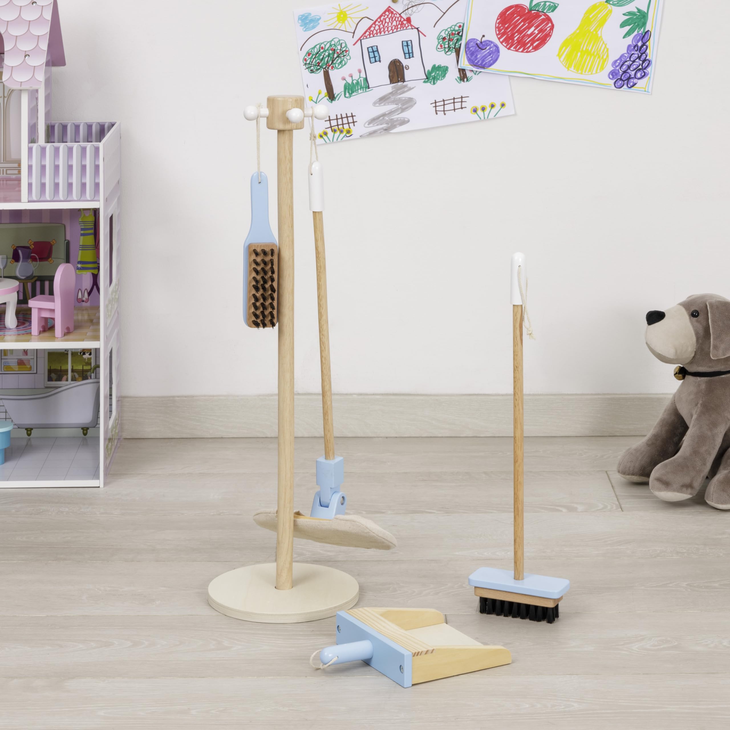 Baroni Toys Set Pulizia in Legno Montessori, 4 Pezzi con Supporto, Gioco Educativo per Bambini 3-6 Anni, Include Scopa, Paletta, Mocio e Spazzola, Facile da Montare e Leggero, 17x18x59 Cm