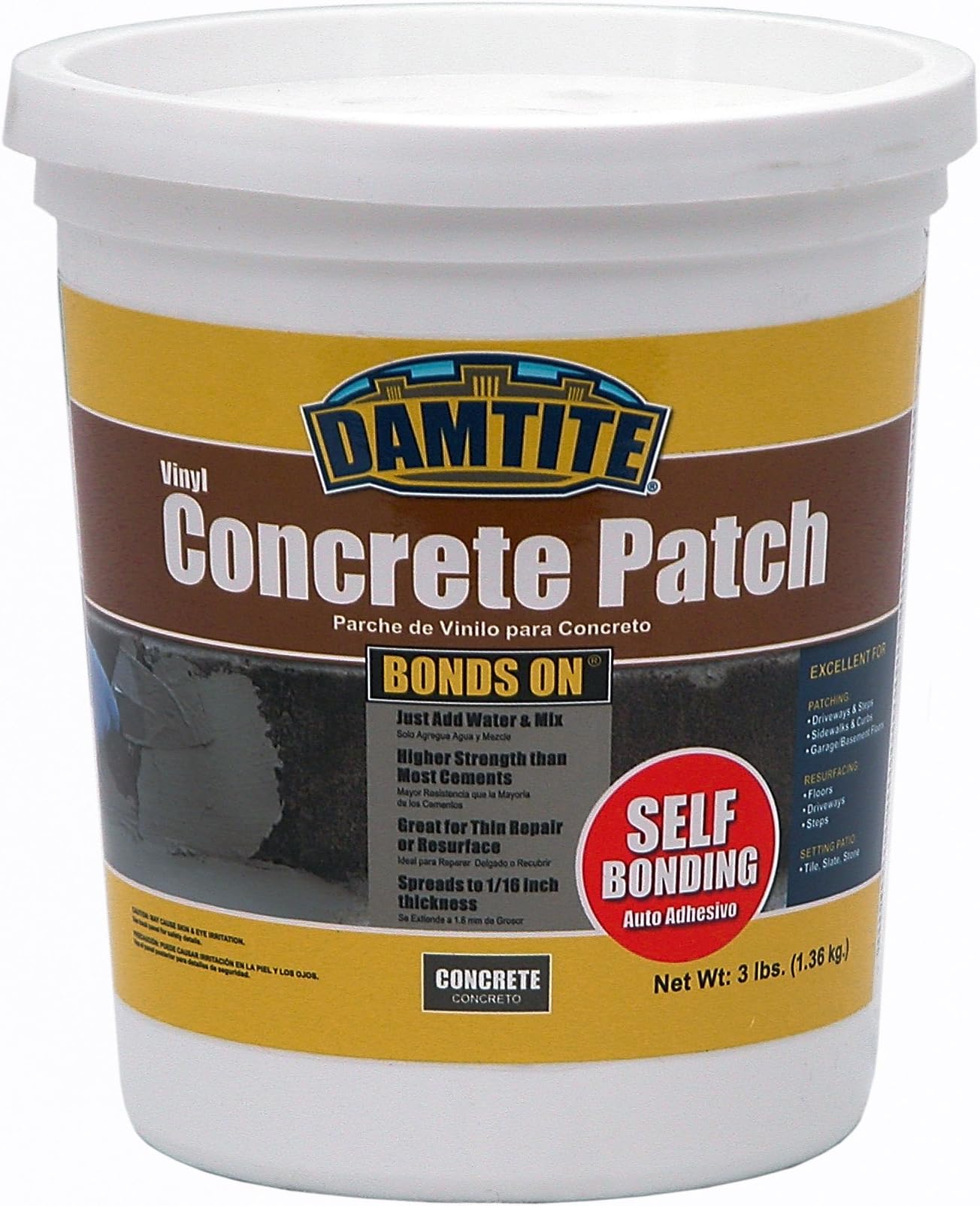 DAMTITE BondsOn Vinyl Concrete Patch, Higher Strength Than Most Cements, Spreads to 1/16" Thickness, Just Add Water & Mix (3lb)