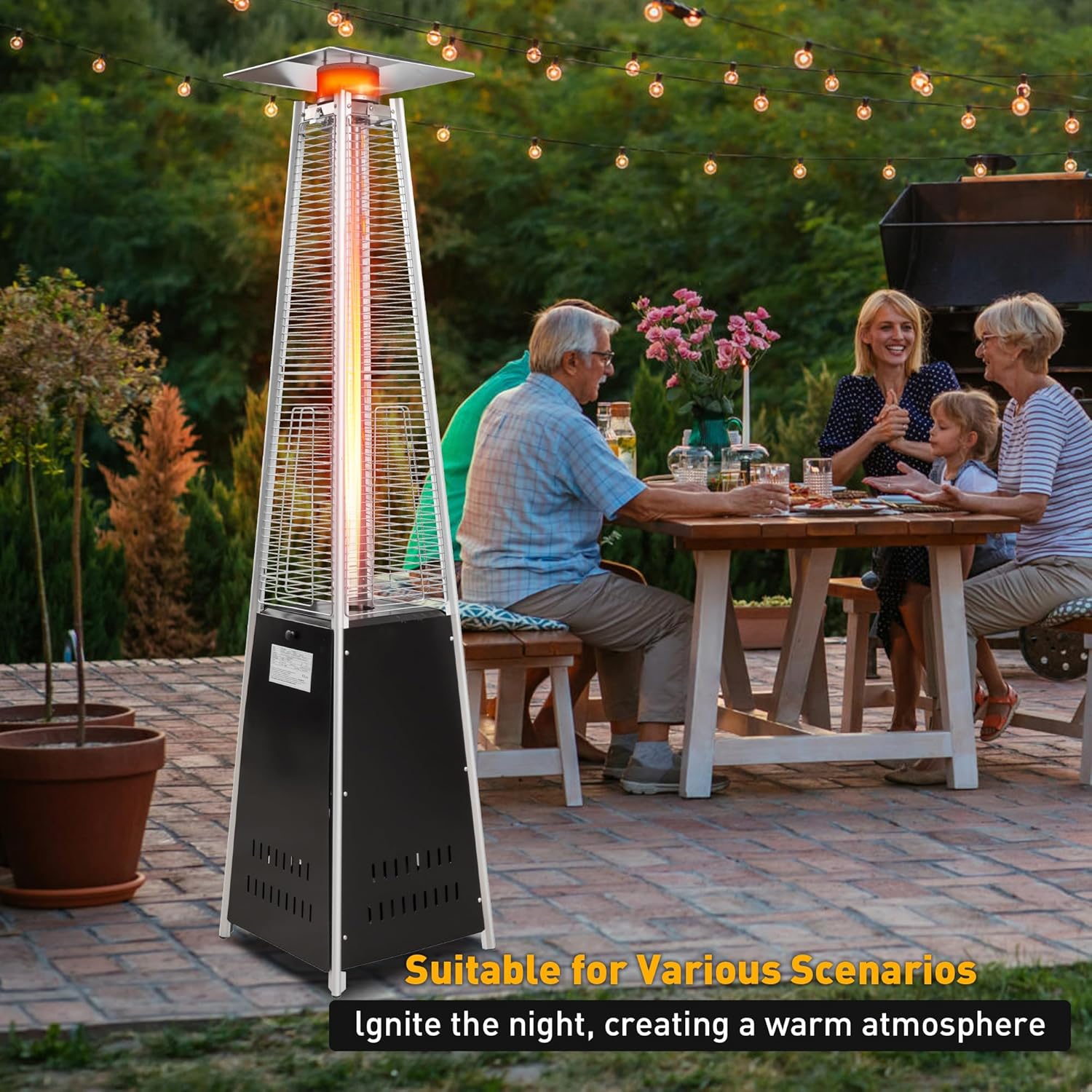 Outdoor Patio Heater, Pyramid Standing Gas LP Propane Heater with Wheels 87 Inches Tall 42000 BTU for Commercial & Residential Courtyard (Black)