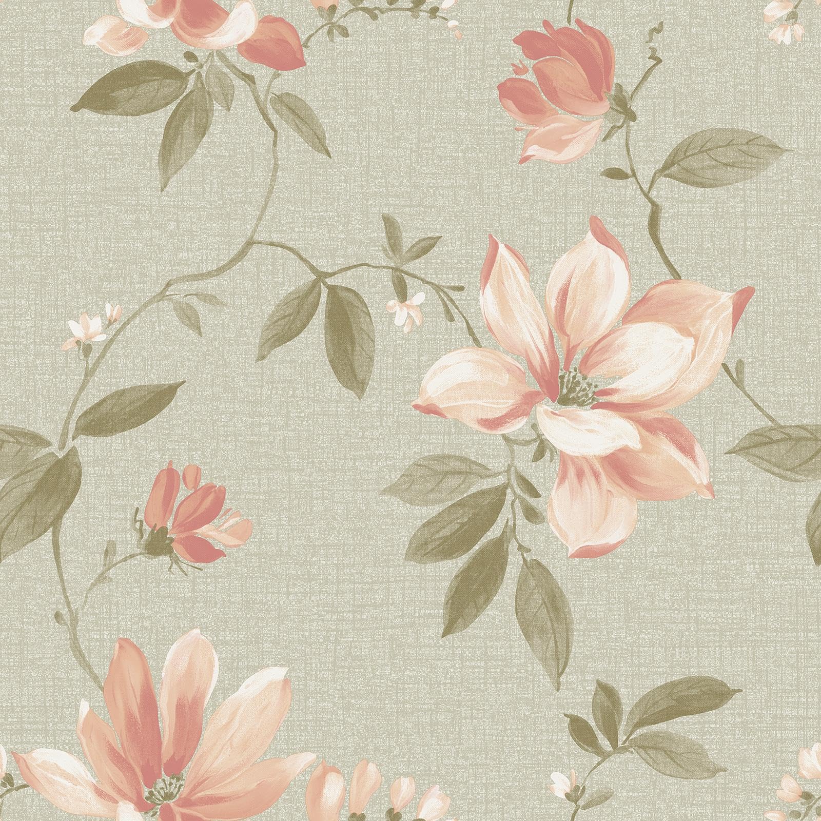 Grandeco Green Adeline Traditional Floral Trail Fabric Textured Wallpaper, Blush Sage