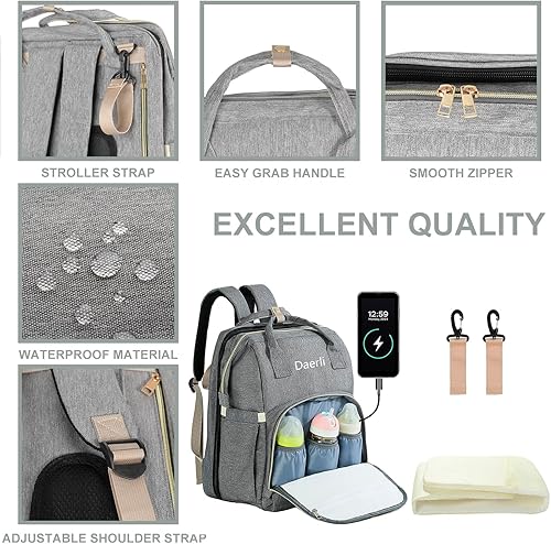 Miniatura 4 de Daerli Mochila para pañales con cambiador, Gris, Bolsa para pañales