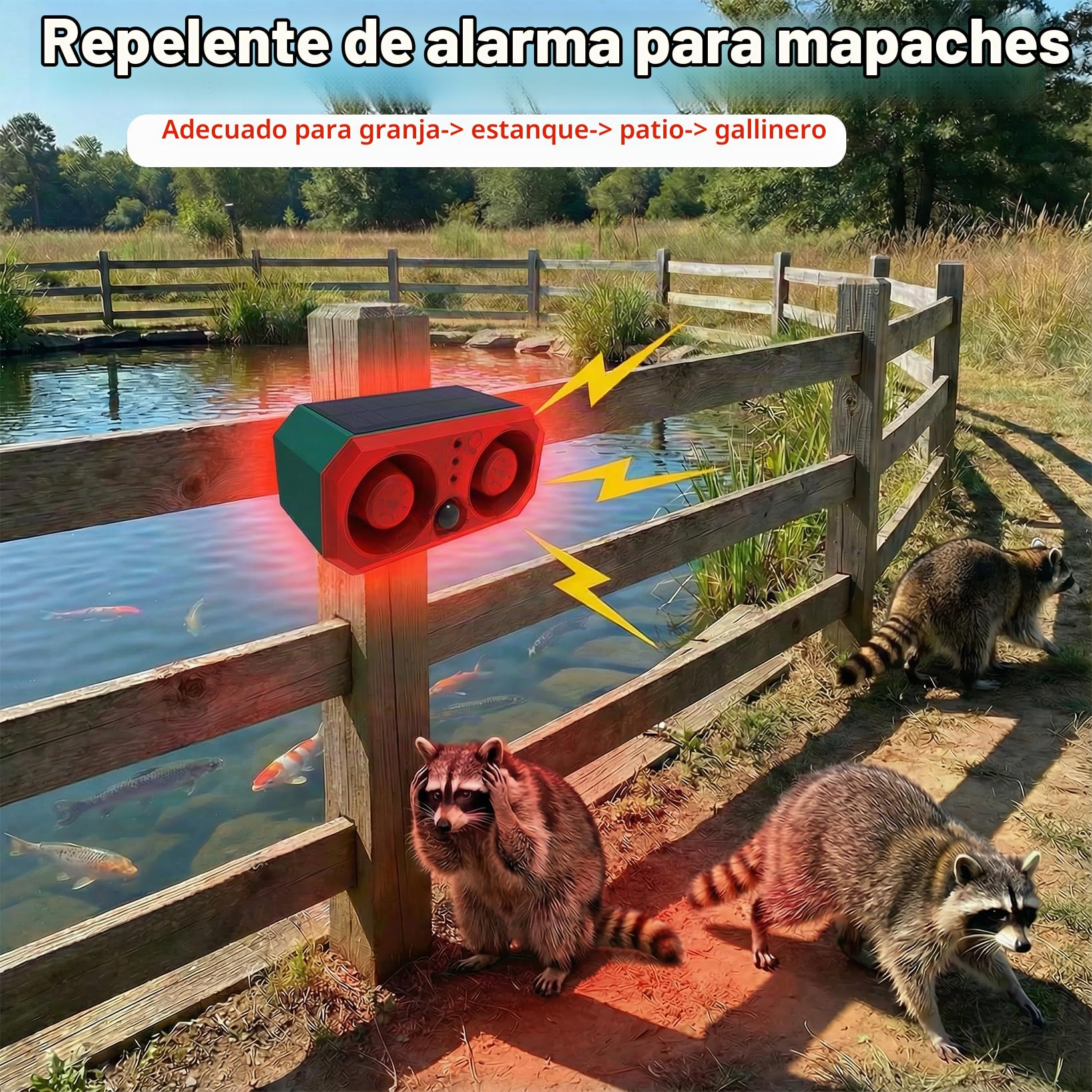Alarma Solar con Sensor de Movimiento al Aire Libre: disuasorio de Coyotes de 130 dB, Sonido de bocinas duales, luz de Movimiento y Control Remoto, disuasorio de Animales para Patio, Granja