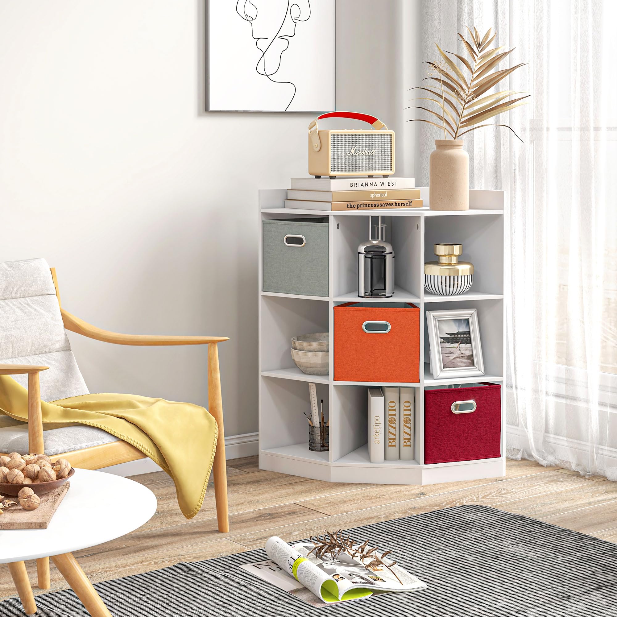 HOMCOM Meuble de Rangement d'angle Meuble Enfant unité de Rangement 9 niches 3 tiroirs Non tissé MDF Blanc