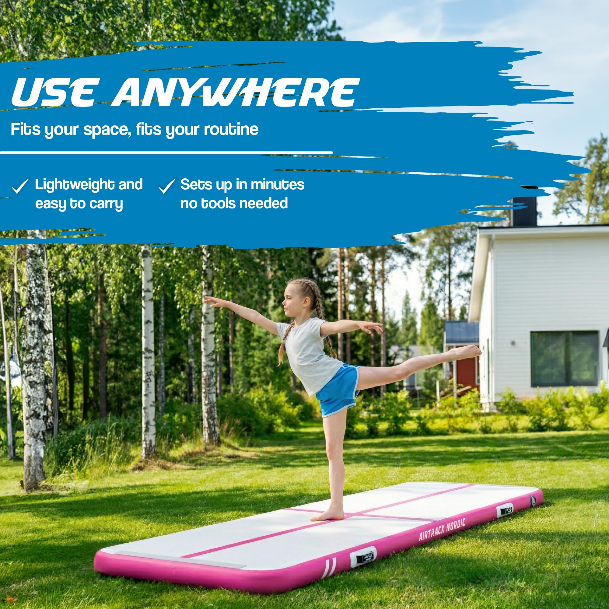 AirTrack Nordic Home 3m – Tappeto ginnastica gonfiabile artistica – Air Track con pompa aria elettrica & borsa trasporto – Qualità premium & resistente – Per ginnastica, tumbling, yoga, fitness & casa