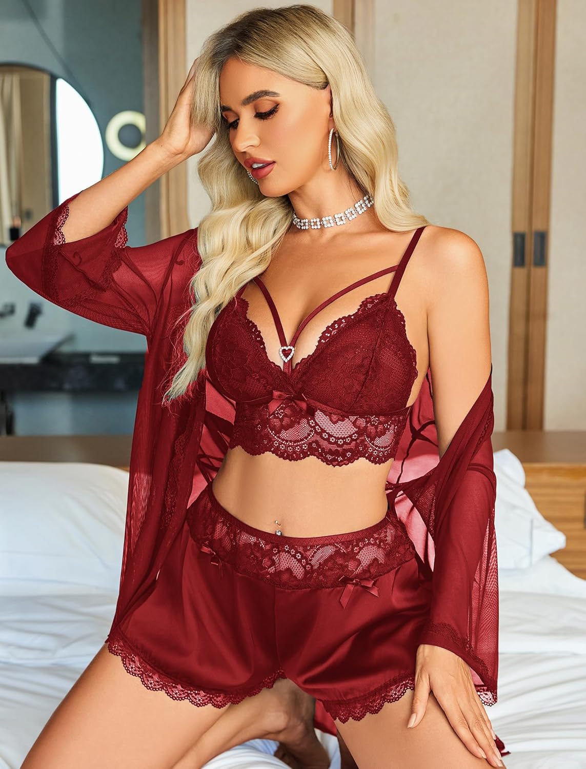 Avidlove Women Sexy Pajamas Set 3 Piece Lingerie Lace Cami Sleepwear and Silk Satin Pjs Sets with Mesh Kimono Robe - Image 5