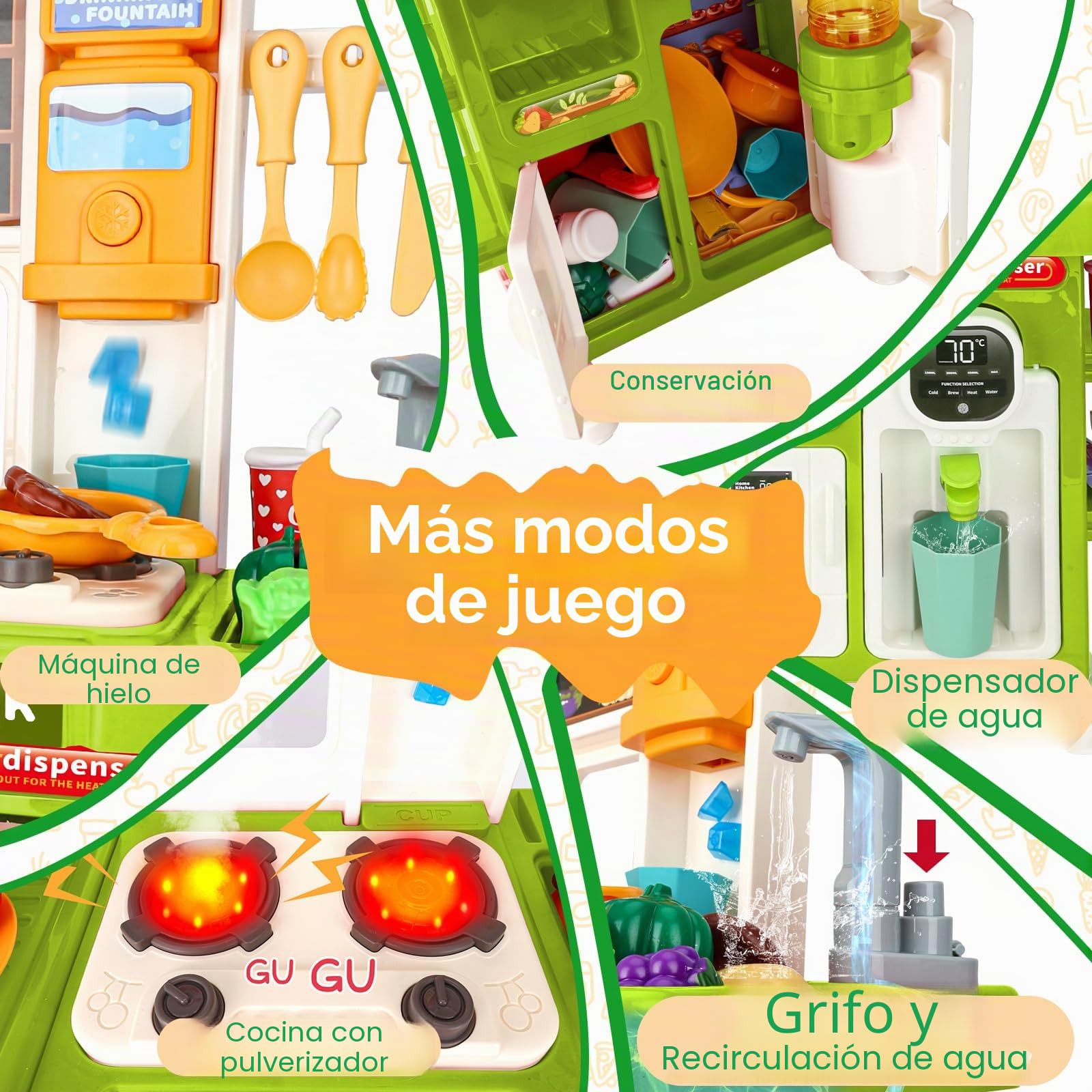 Cocina Juguete Niños Set de Cocina en Miniatura con Fregadero de Spray y Iluminación Realista, Juego de Cocina Simulada para Niñas y Niños de 3 4 5 Años, Regalo (Verde)