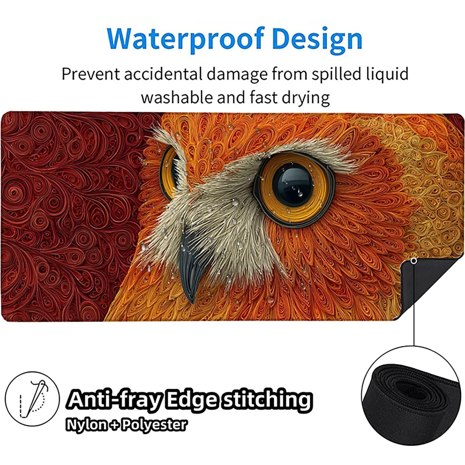 Tappetino Mouse XXL Gufo, Carino Gaming Tappetino Scrivania 1200x600x3mm, Mousepad Grande con Base in Gomma Antiscivolo, Sottomano Scrivania con Bordi Cuciti, Ufficio Accessori Gaming, per PC M-7739