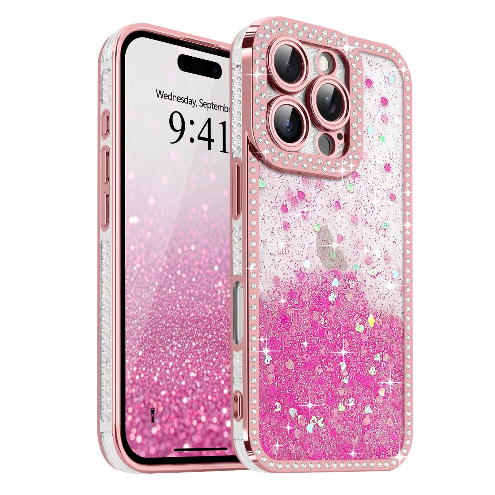 for iPhone 16 Pro Max Case Glitter, Bling Sparkle Heart Pattern Sequin Luxury Crystal Shiny Rhinestones Cover for Women Girls, Soft TPU Shockproof