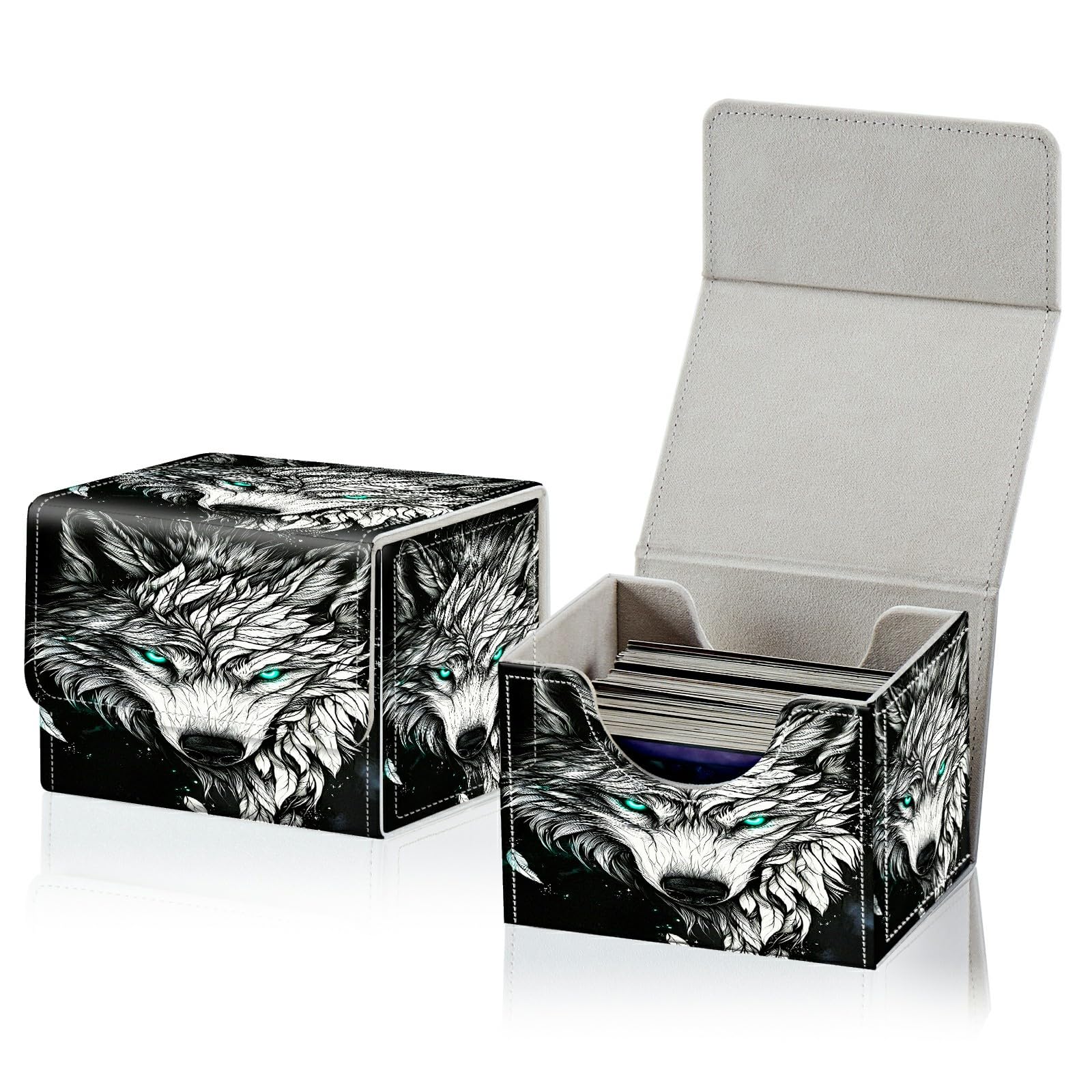RWUTYTIUL Card Deck Box for MTG, Cards Storage Box Fits 120+ Sleeved, Leather Small Size Strong Magnetic Closing Card Case for Board Games Magic TCG CCG Baseball Collection, Grey Cool Wolf