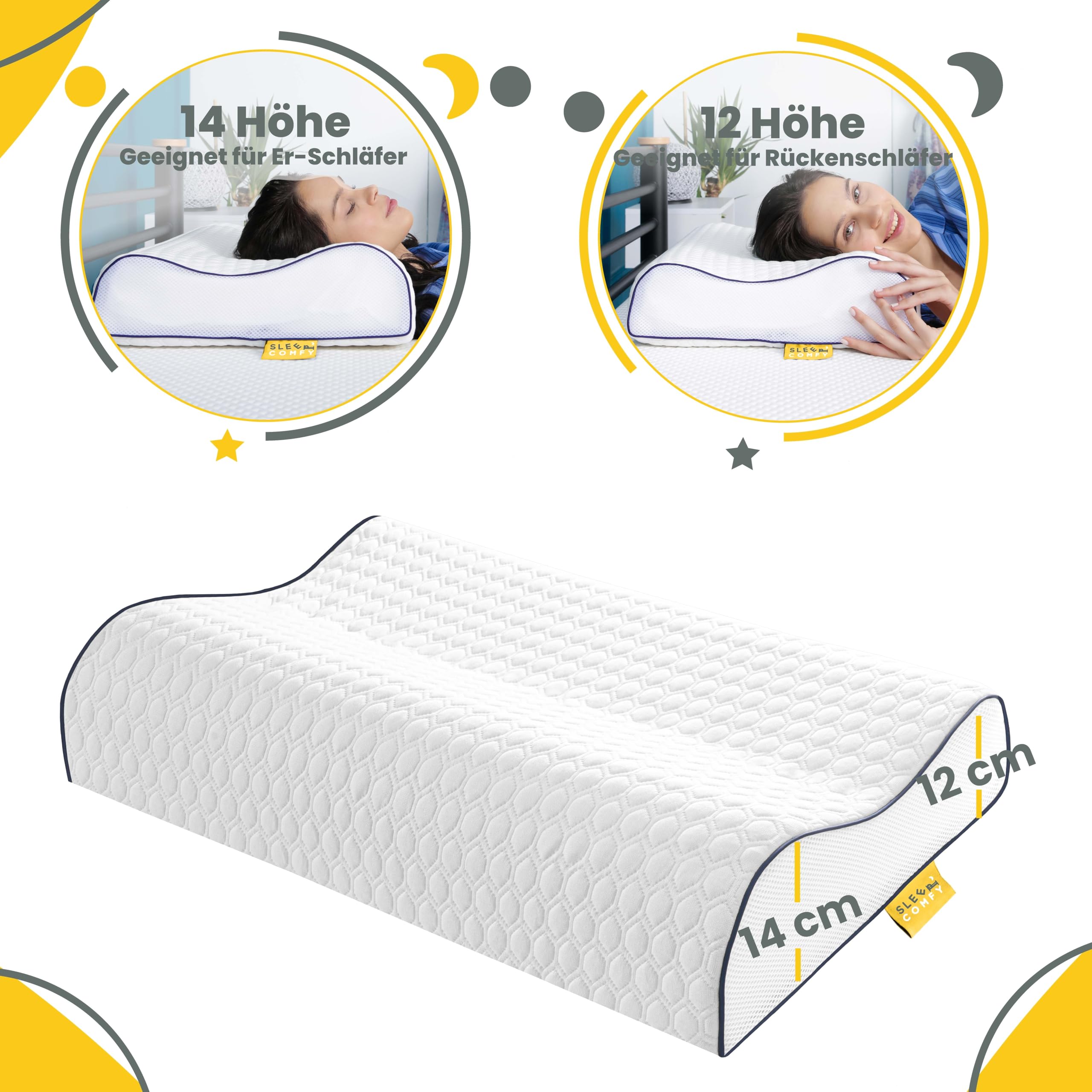 SLEEP COMFY - Premium Visco HWS Nackenkissen, 60x40x14/12cm, Kopfkissen mit Bezug, Nackenstützkissen Memory Foam Ergonomisches, Orthopädisches Kissen Seitenschläfer und Rückenschläfer, Antischnarchen