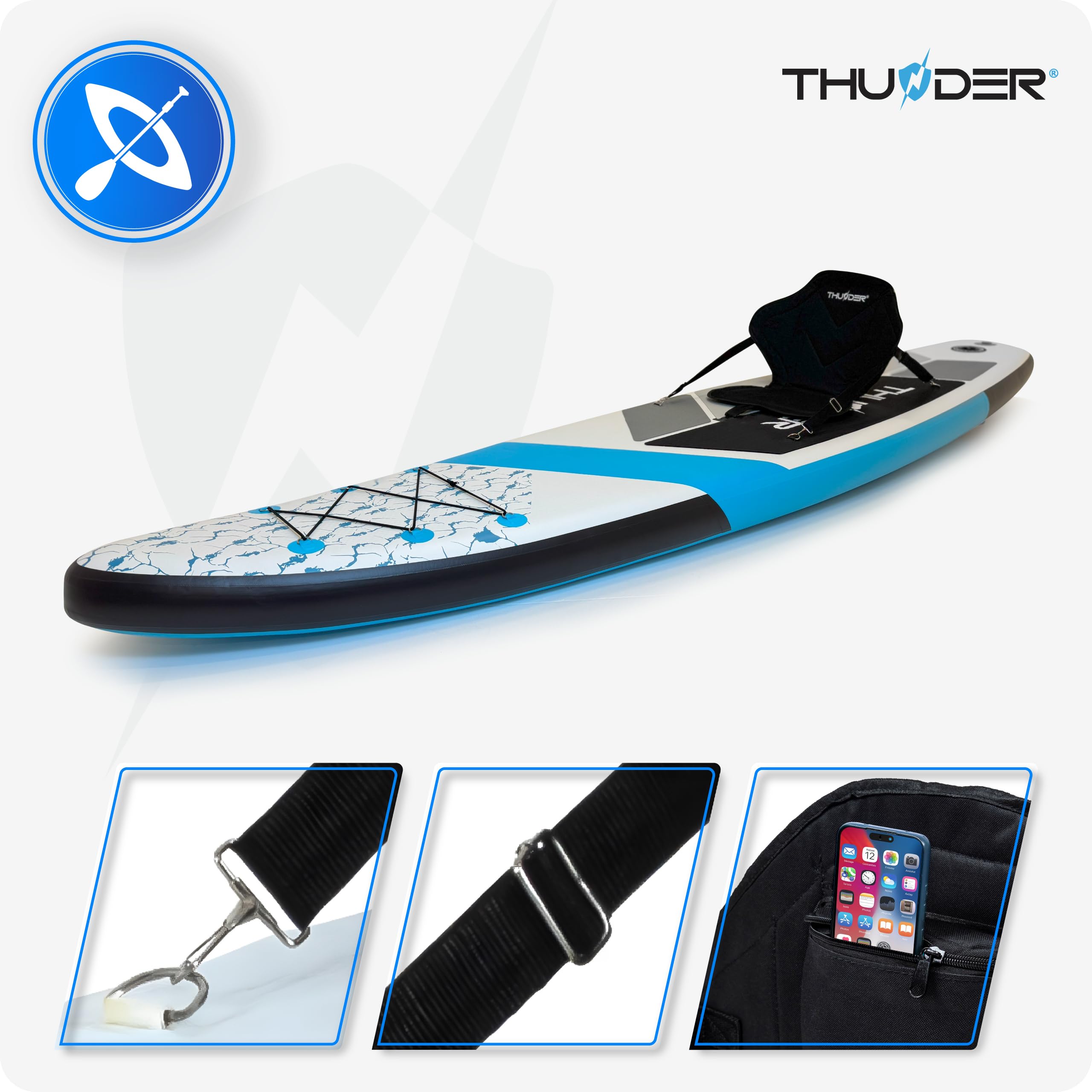 THUNDER SUP Board Gonfiabile 320 cm con Sedile da Kayak – Set Stand Up Paddle Board con Pagaia, Pompa e Zaino – Extra Stabile, Antiscivolo e Ideale per Adulti e Principianti
