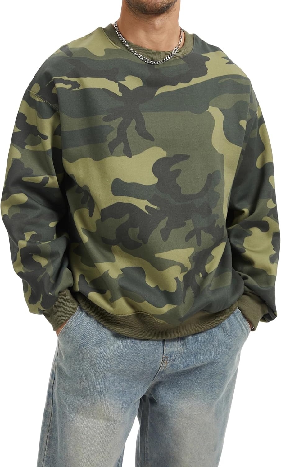 Men’s Crewneck Camo Sweatshirt Casual Pullover Long Sleeve Fleece Top Loose Graphic Print Streetwear for Fall Winter - Image 2